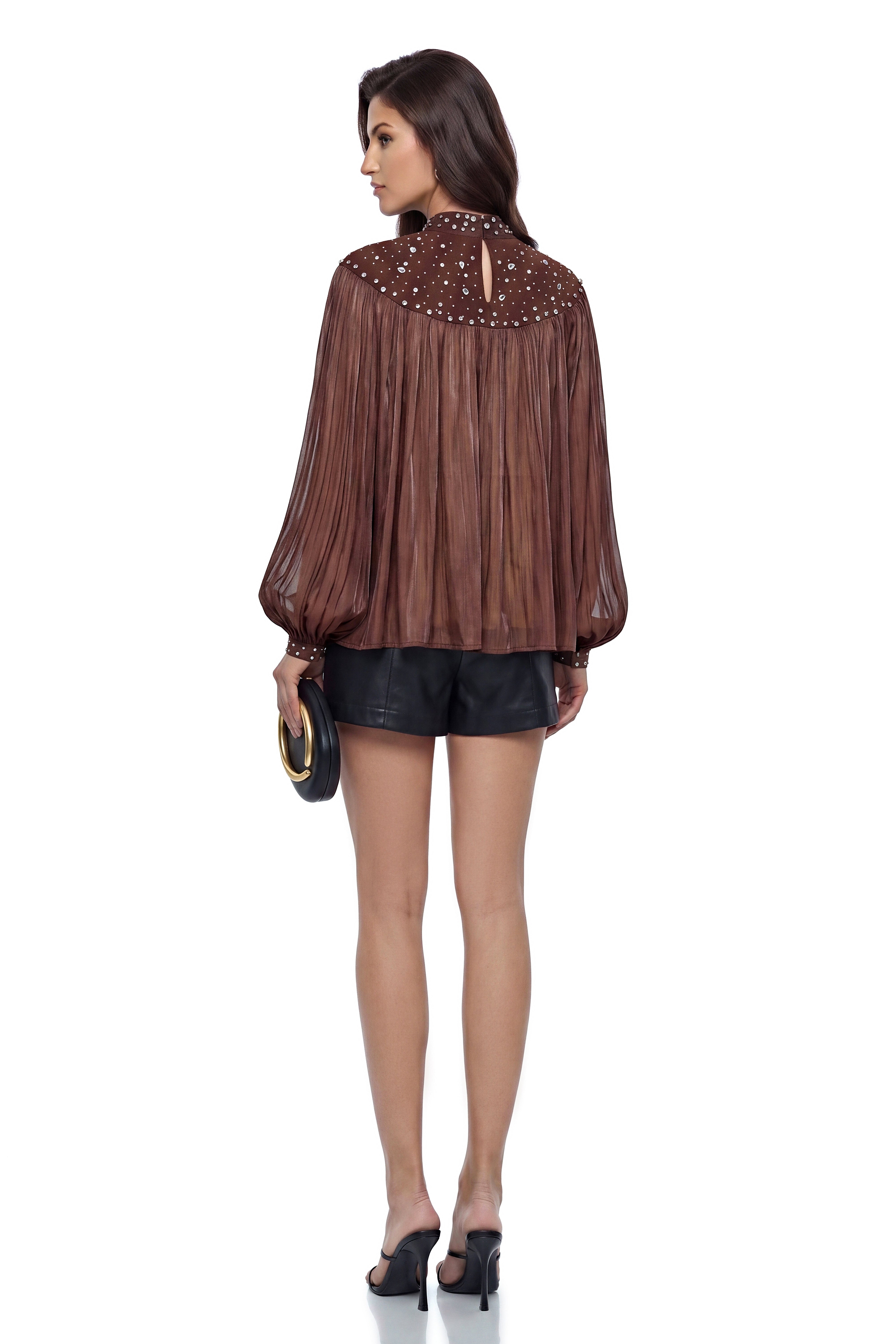Freyja Chocolate Brown Embellished Pleated Chiffon Blouse
