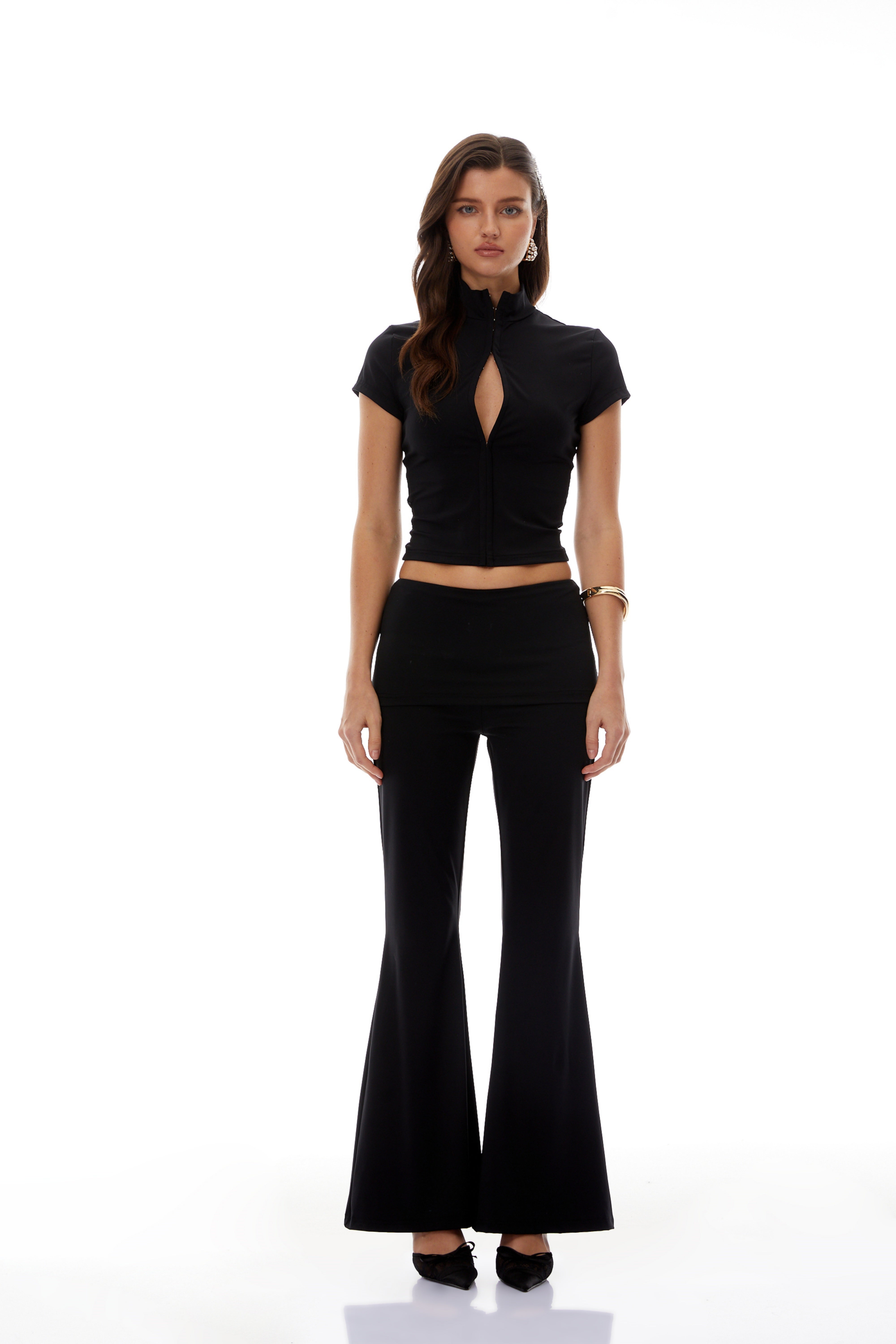 Gabrielle Black Zip-Front Cut-Out Top & Flared Pants Set