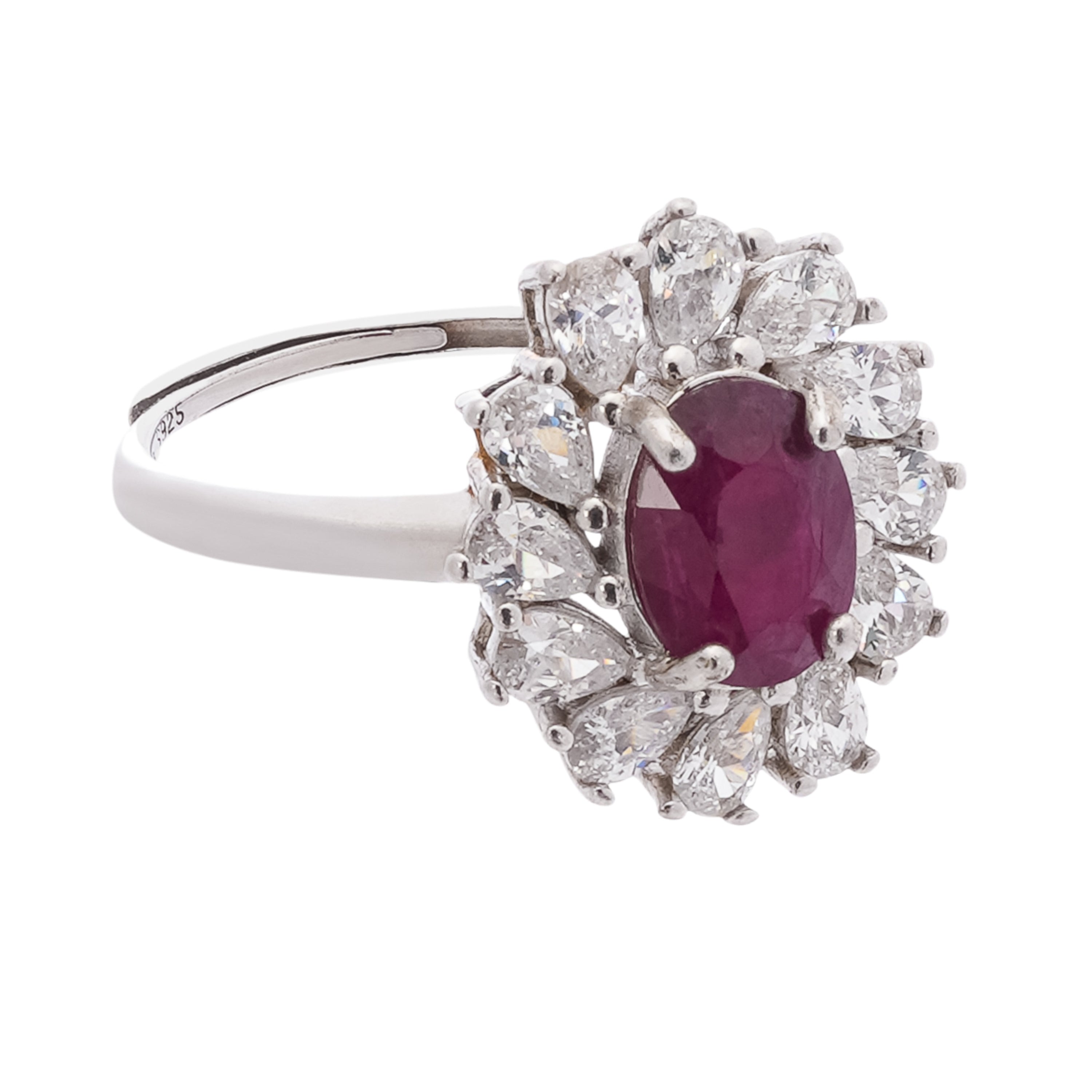Gabrielle Ruby Floral Halo Sterling Silver Ring