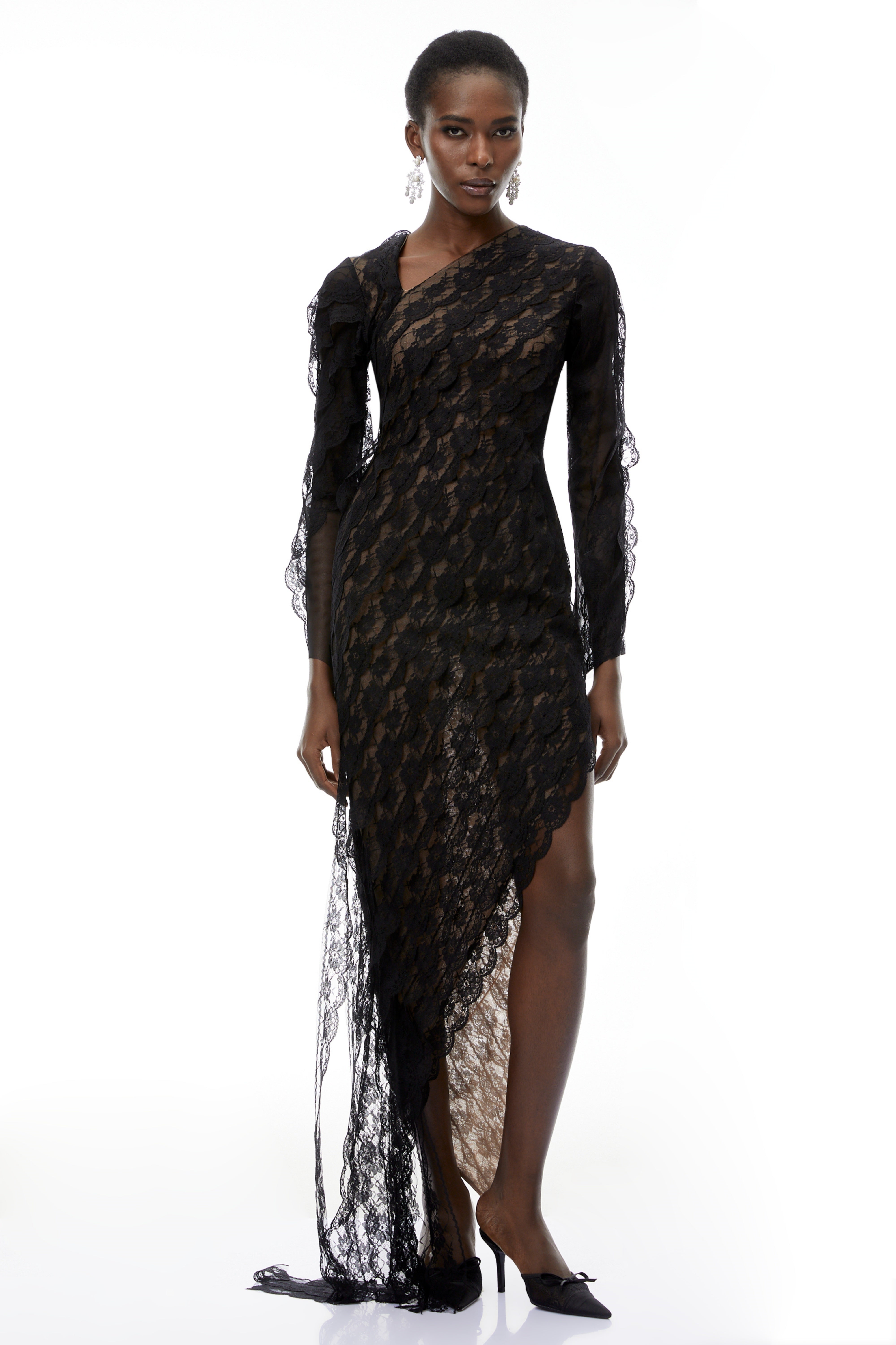 Gemma Black Floral Lace Asymmetrical Maxi Dress
