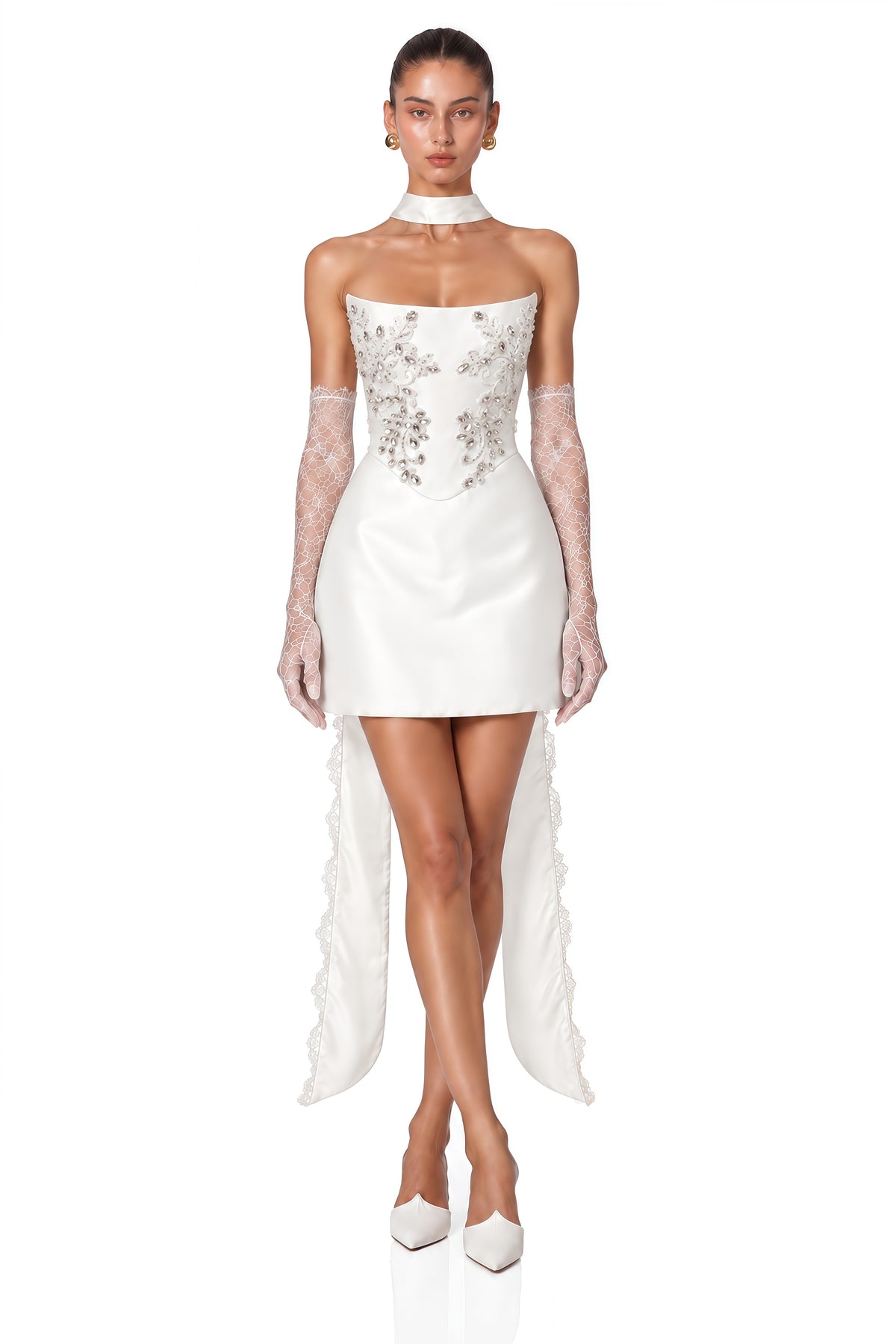 geneva white satin beaded corset & mini skirt set