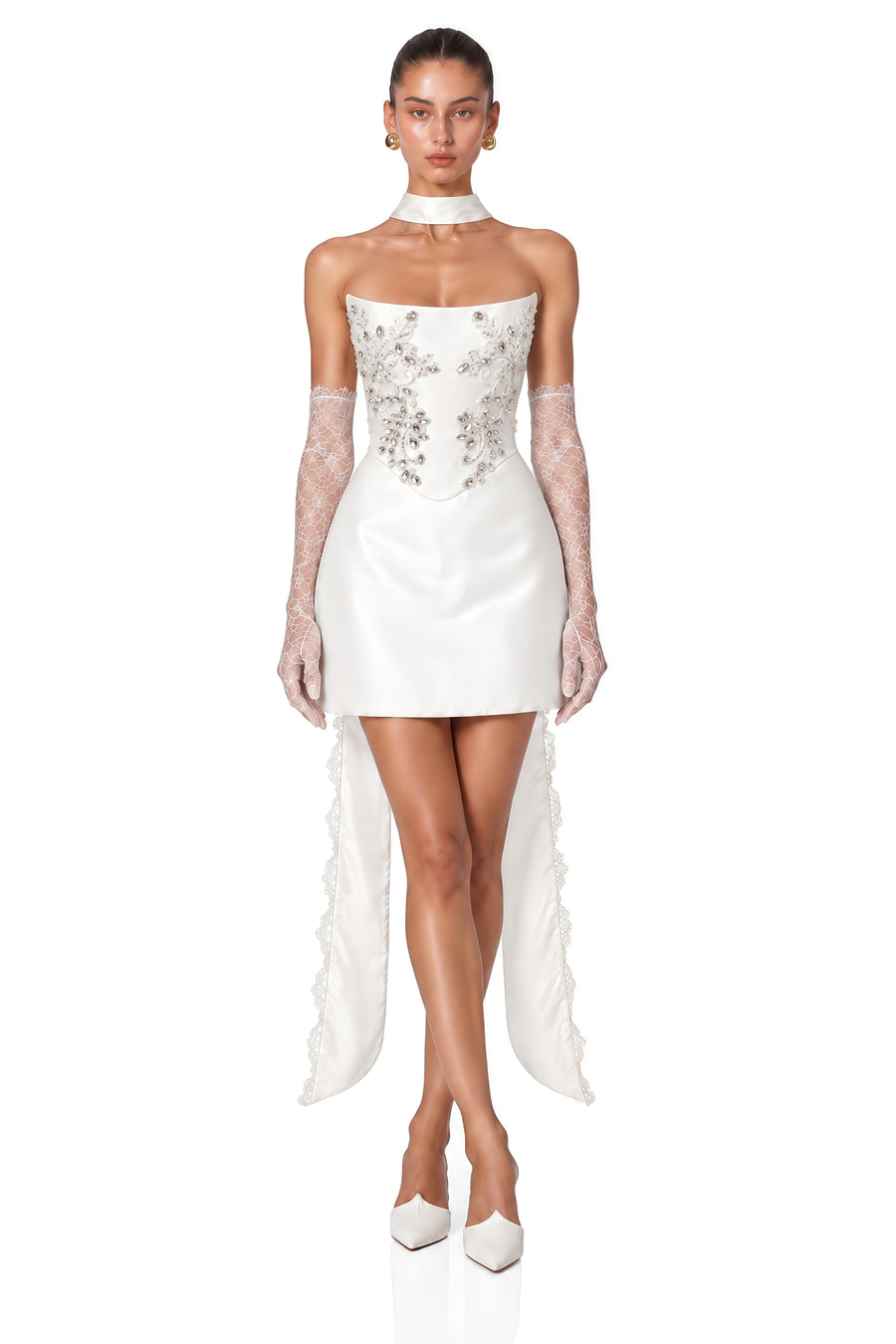 geneva white satin beaded corset & mini skirt set