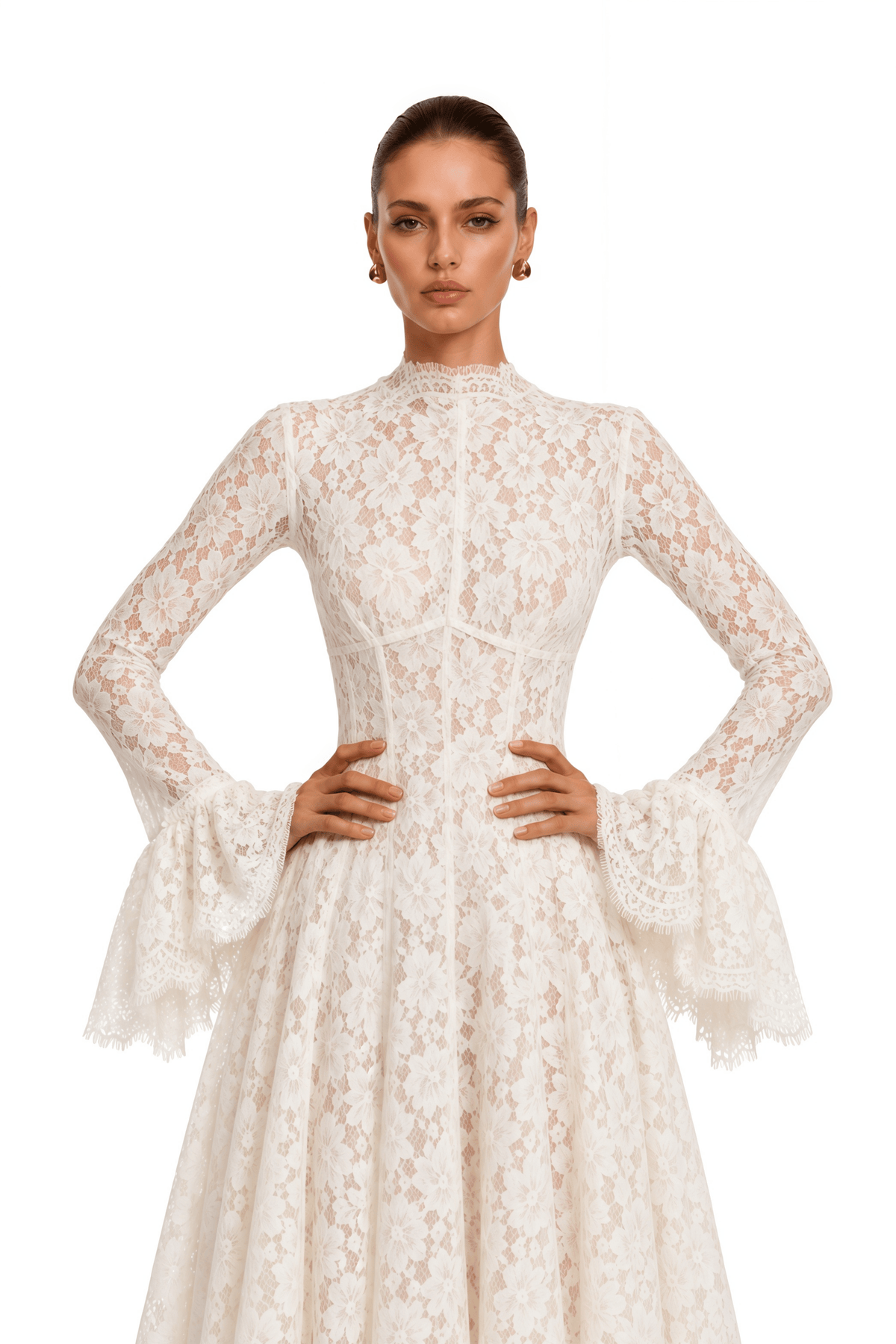 Genevieve ivory high-neck floral lace maxi dress