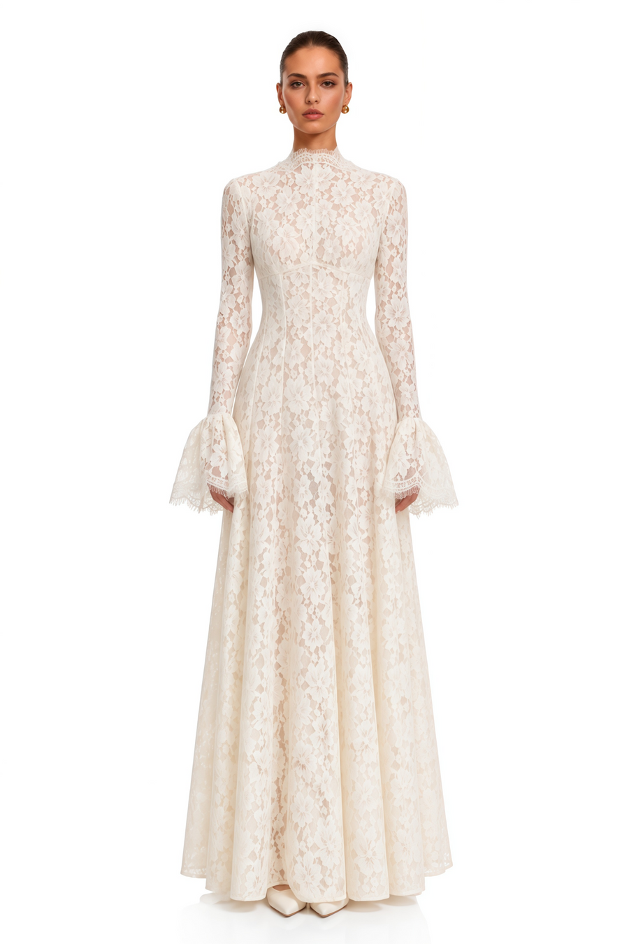 Genevieve ivory high-neck floral lace maxi dress