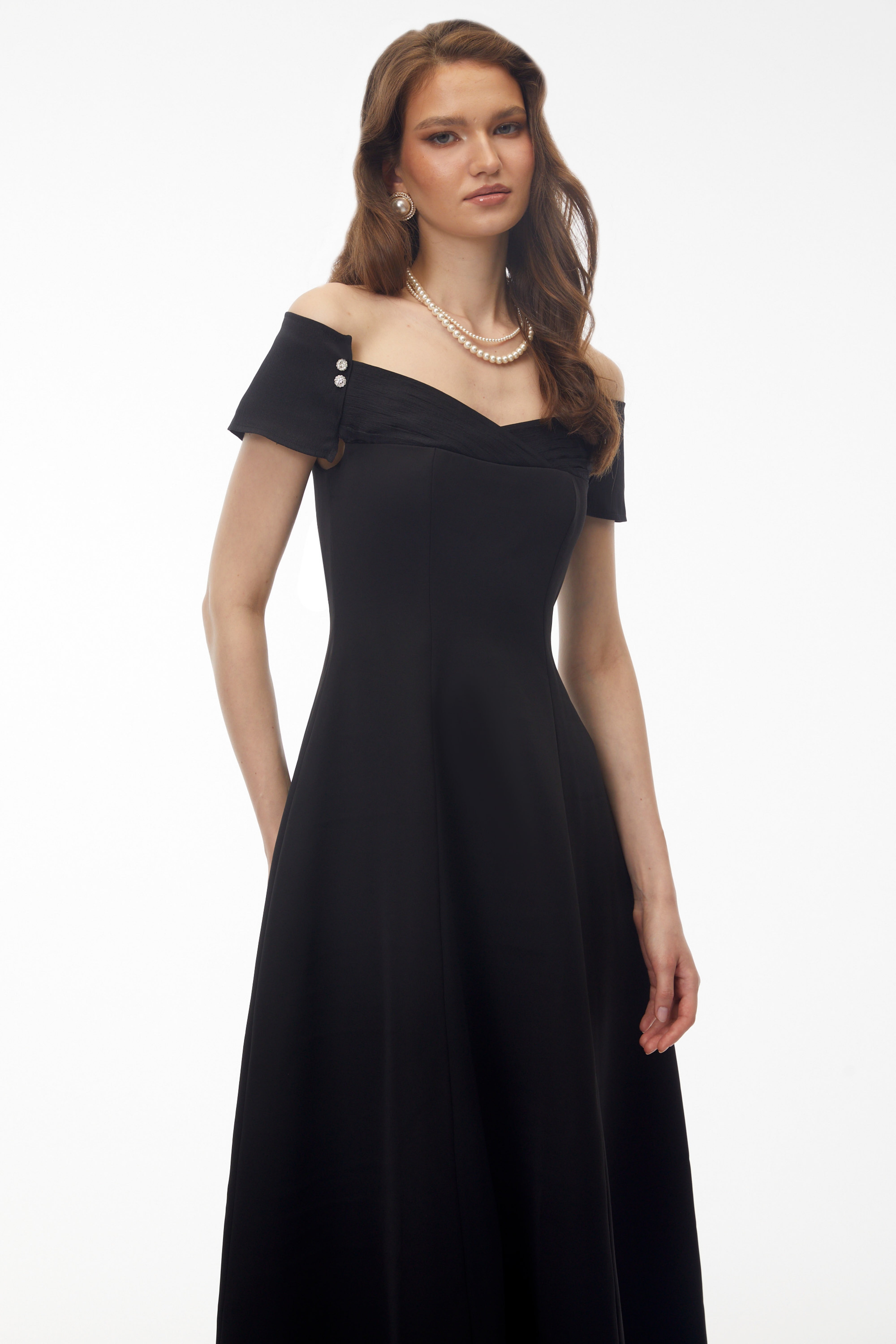 Genevieve Black Off Shoulder Fitted Midi Dress