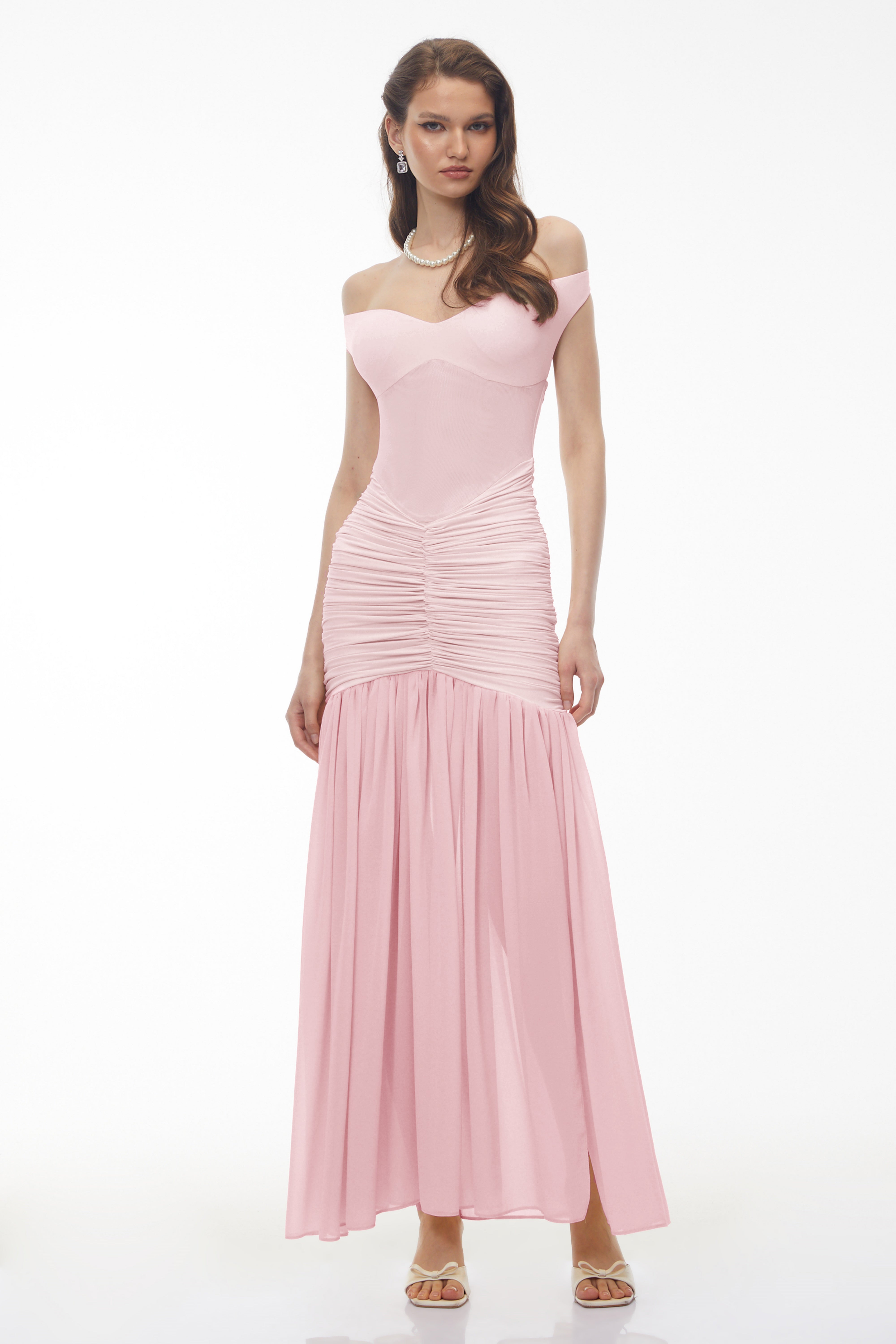 Geneviève Pink Off Shoulder Ruched Maxi Dress