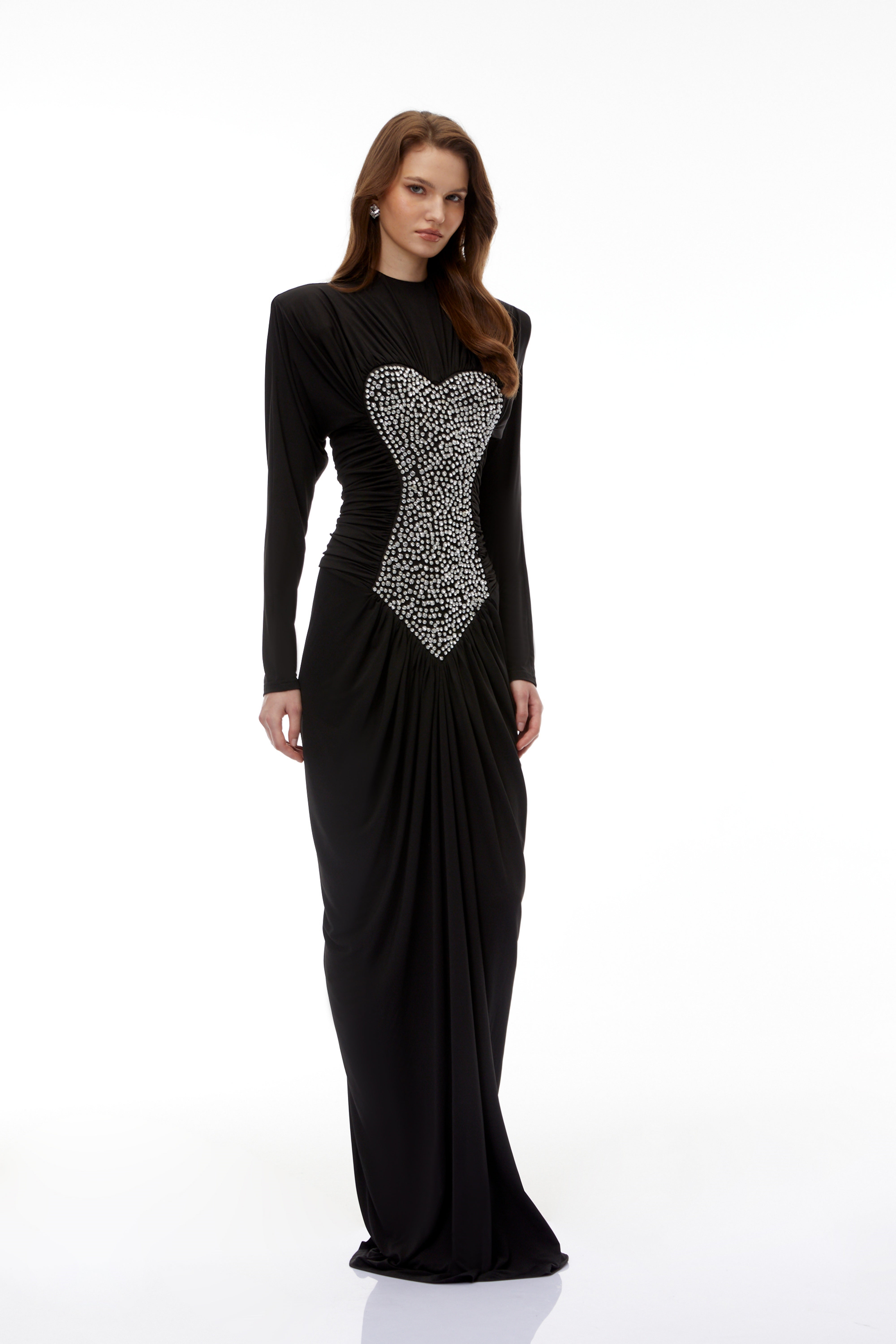 Genevra Black Embellished Ruched Maxi Dress