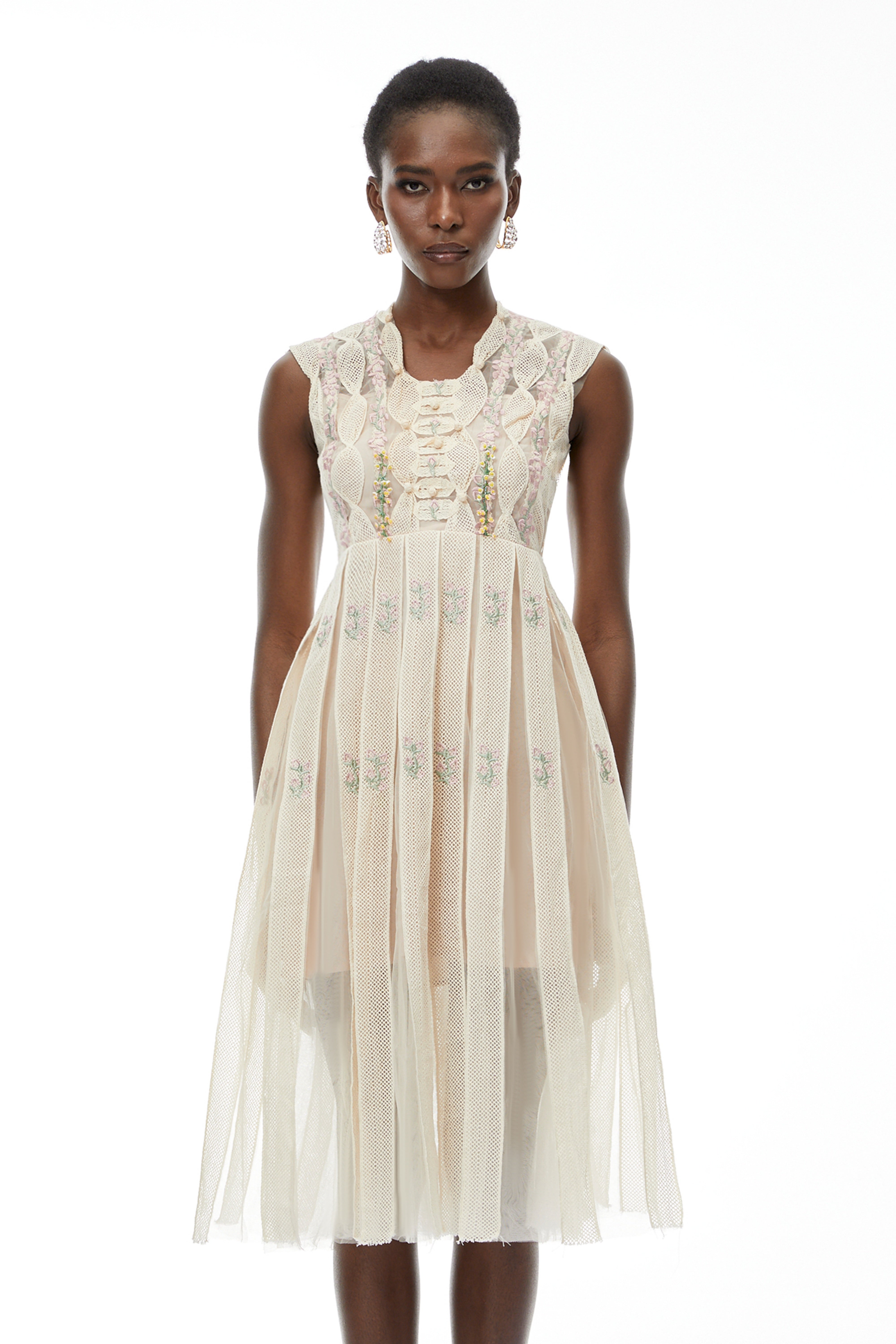 Georgette White Floral Embroidered Pleated Midi Dress