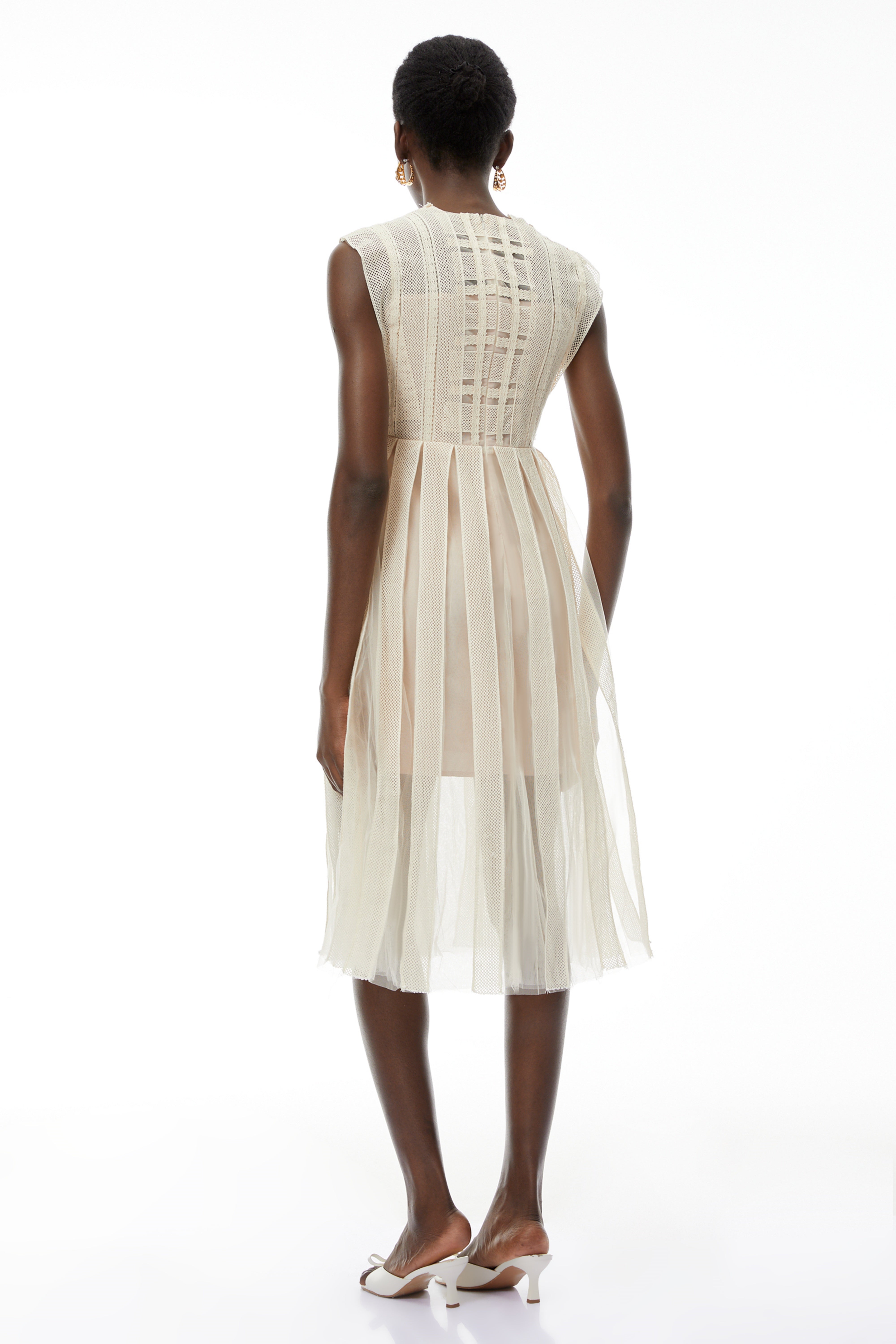 Georgette White Floral Embroidered Pleated Midi Dress