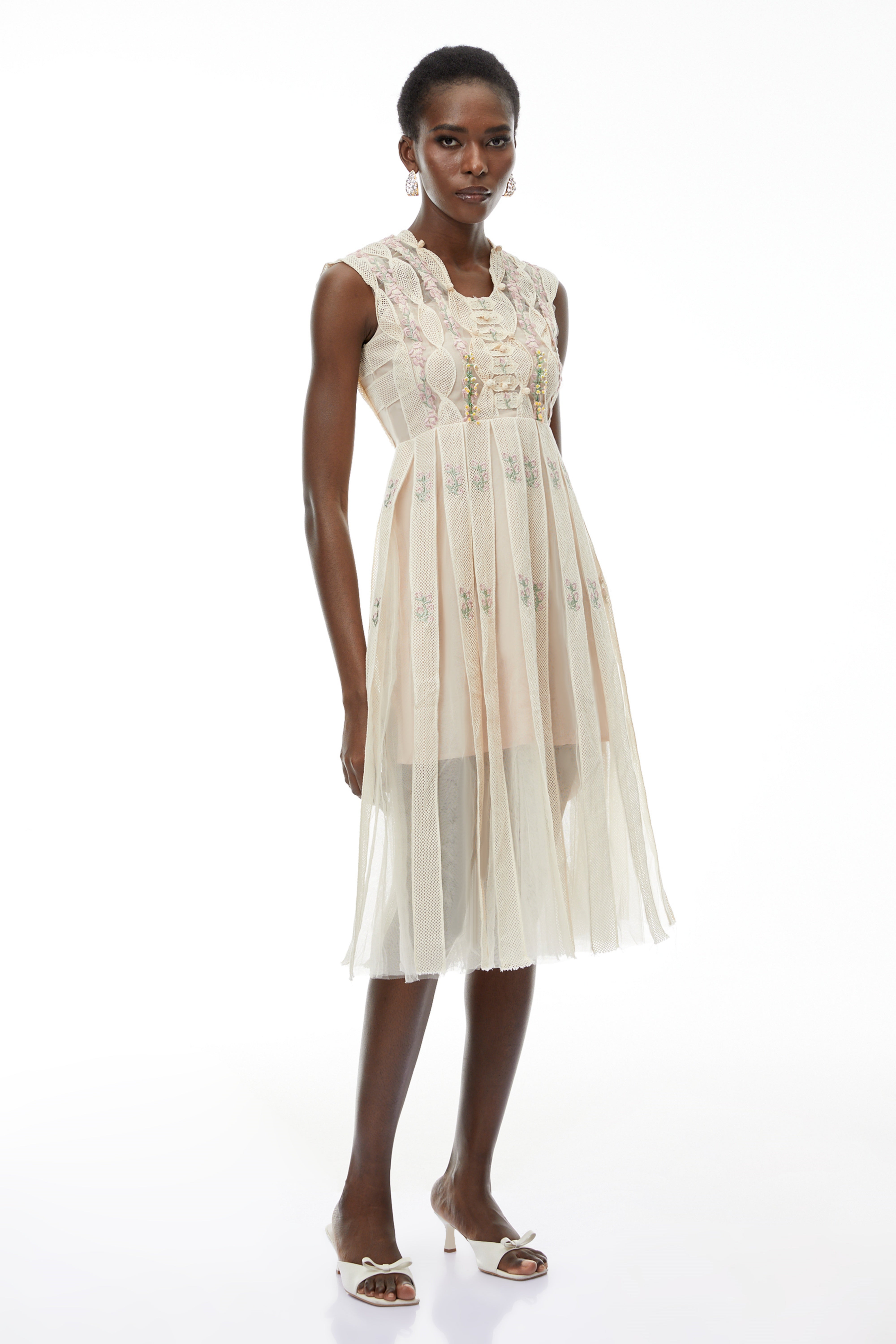 Georgette White Floral Embroidered Pleated Midi Dress