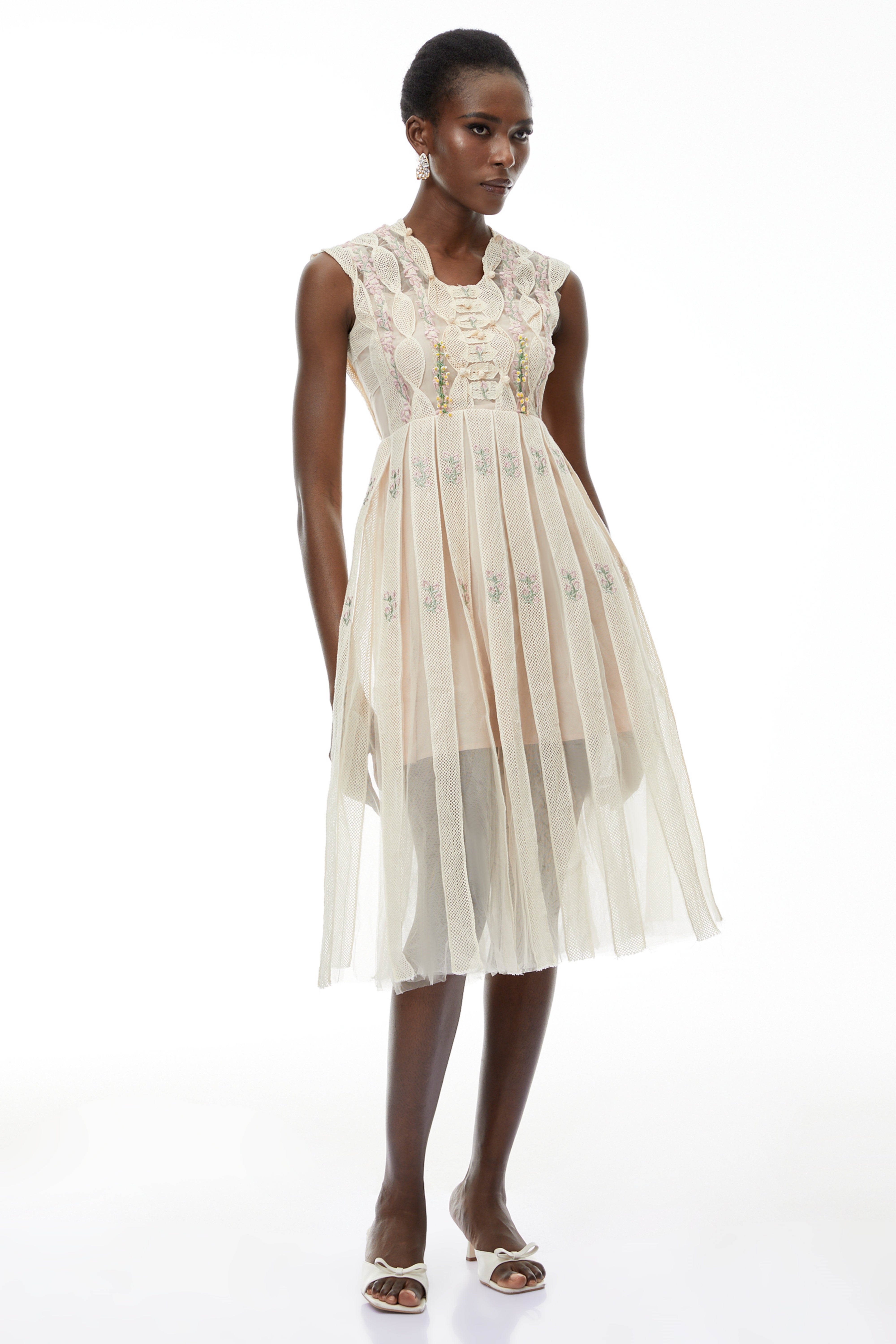 Georgette White Floral Embroidered Pleated Midi Dress
