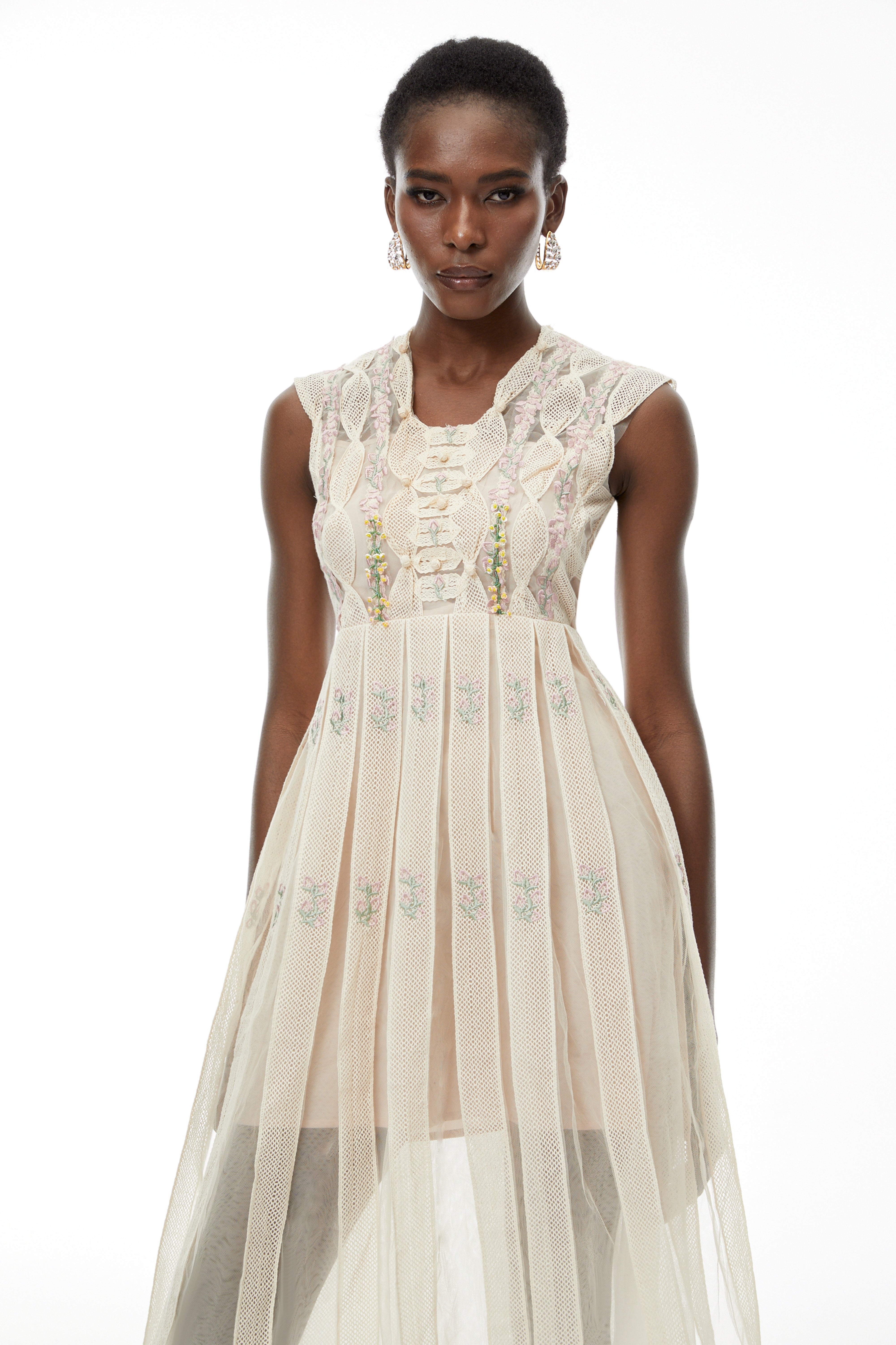 Georgette White Floral Embroidered Pleated Midi Dress