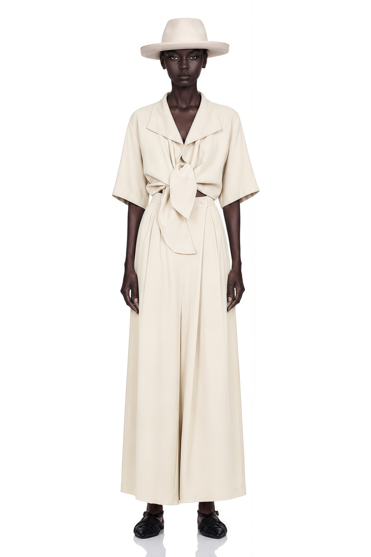 georgia beige tie-front short sleeve top & trousers set