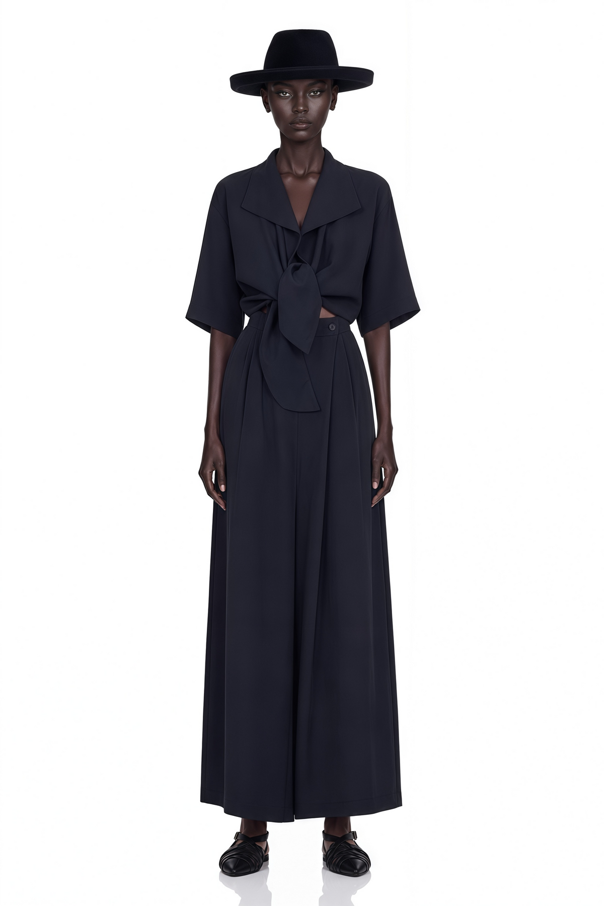 georgia navy blue tie-front short sleeve top & trousers set