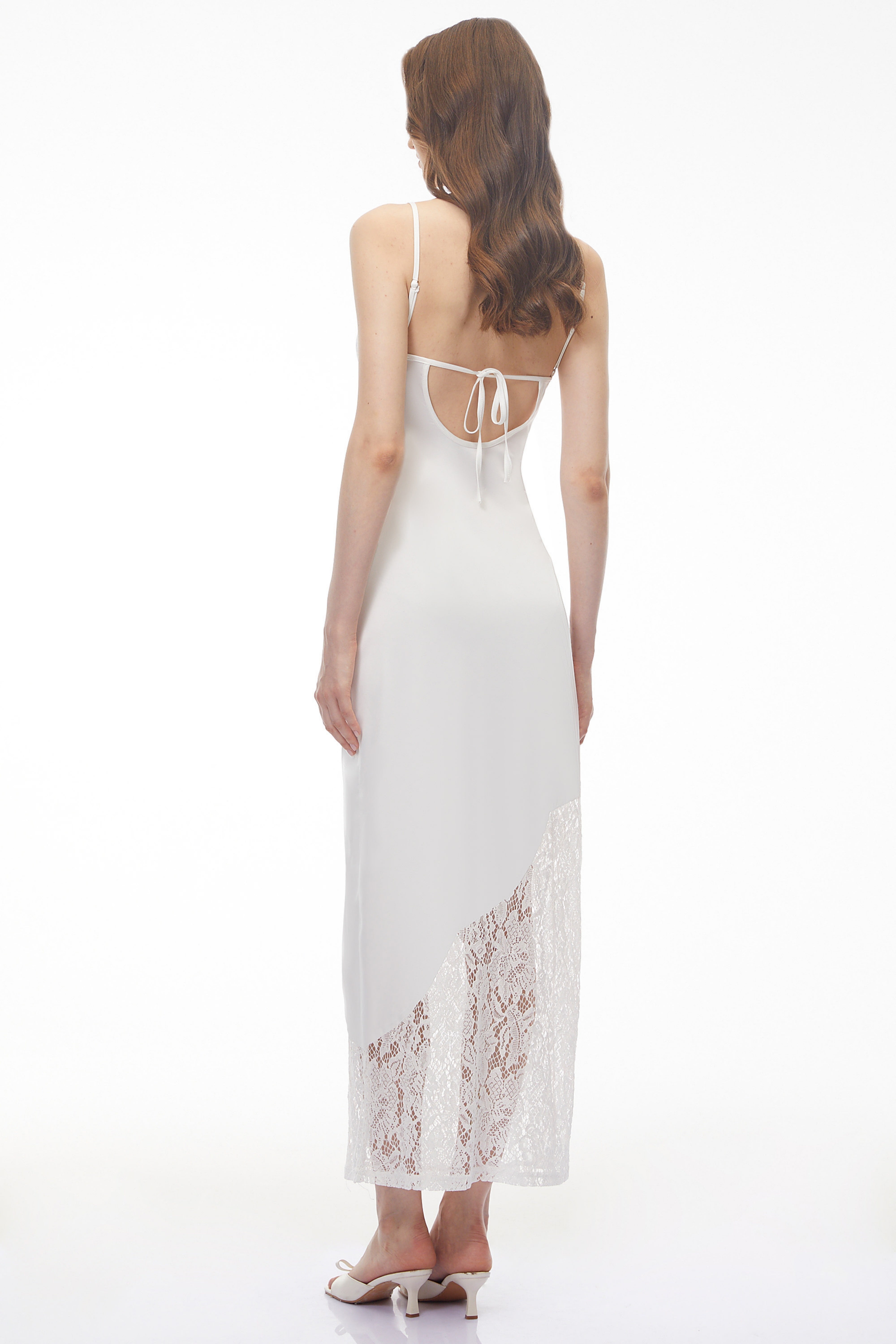 Georgia White V-neck Floral Lace Satin Panelled Maxi Dress