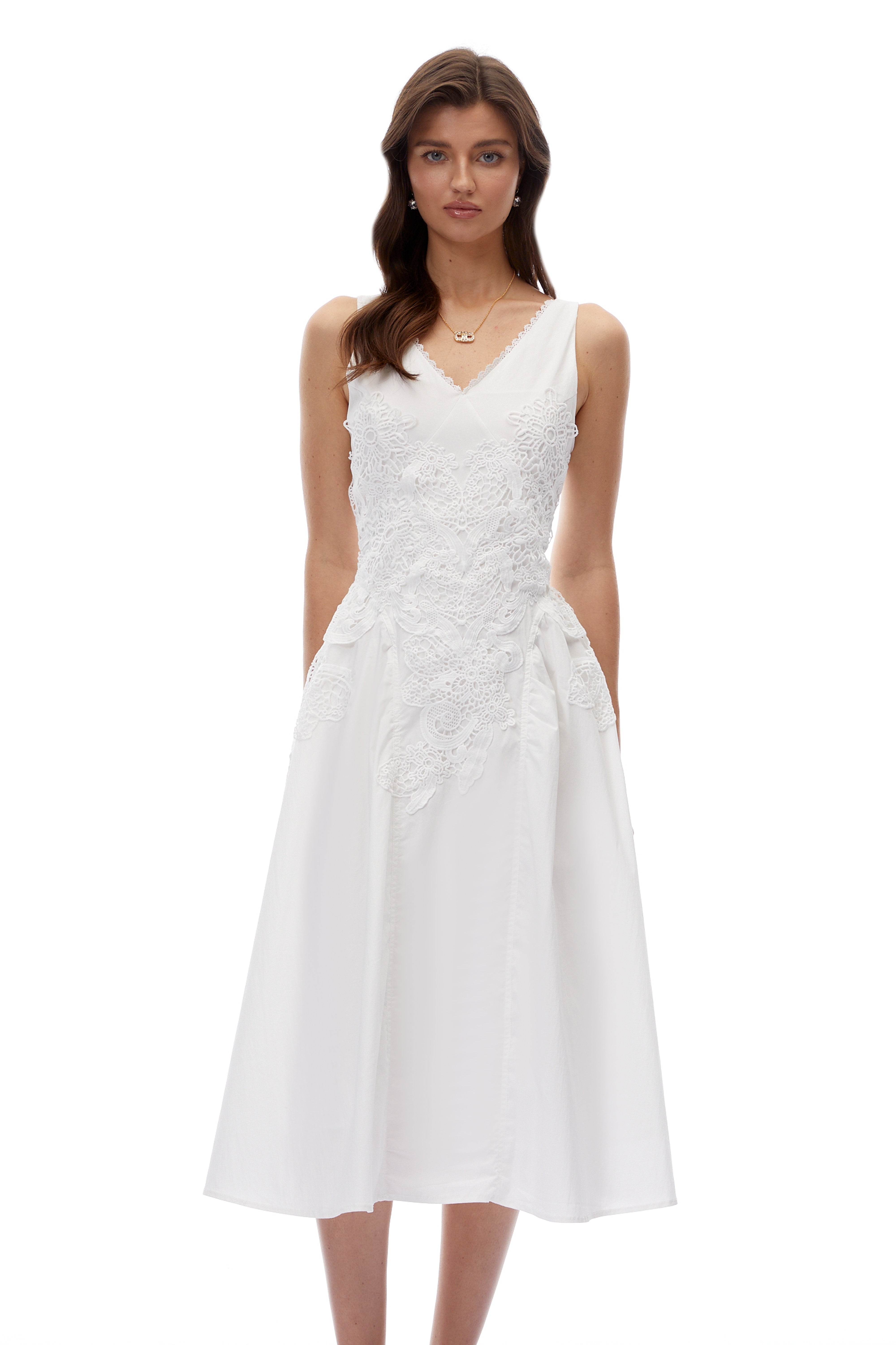 Gertrude White V-Neck Lace Midi Dress