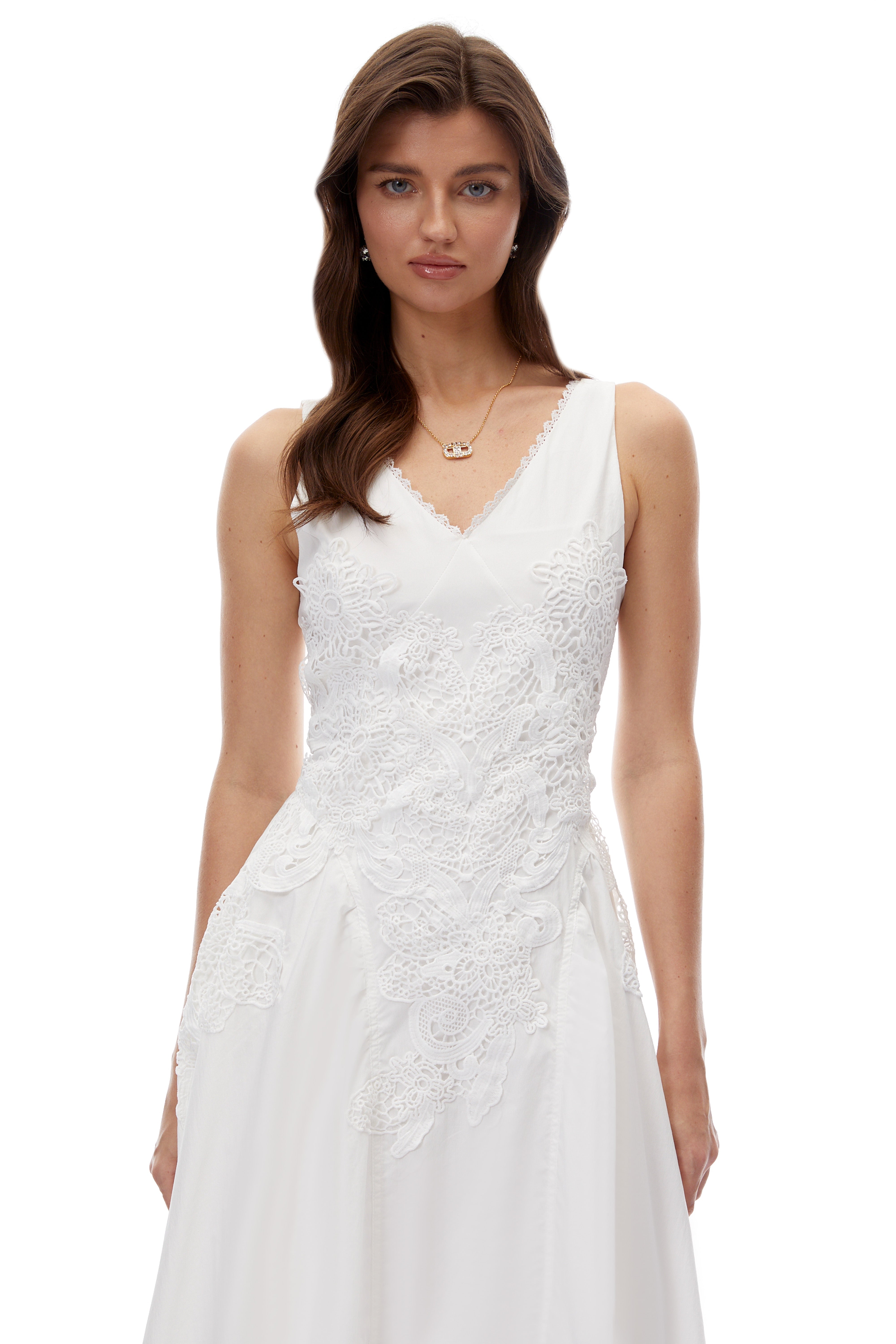 Gertrude White V-Neck Lace Midi Dress