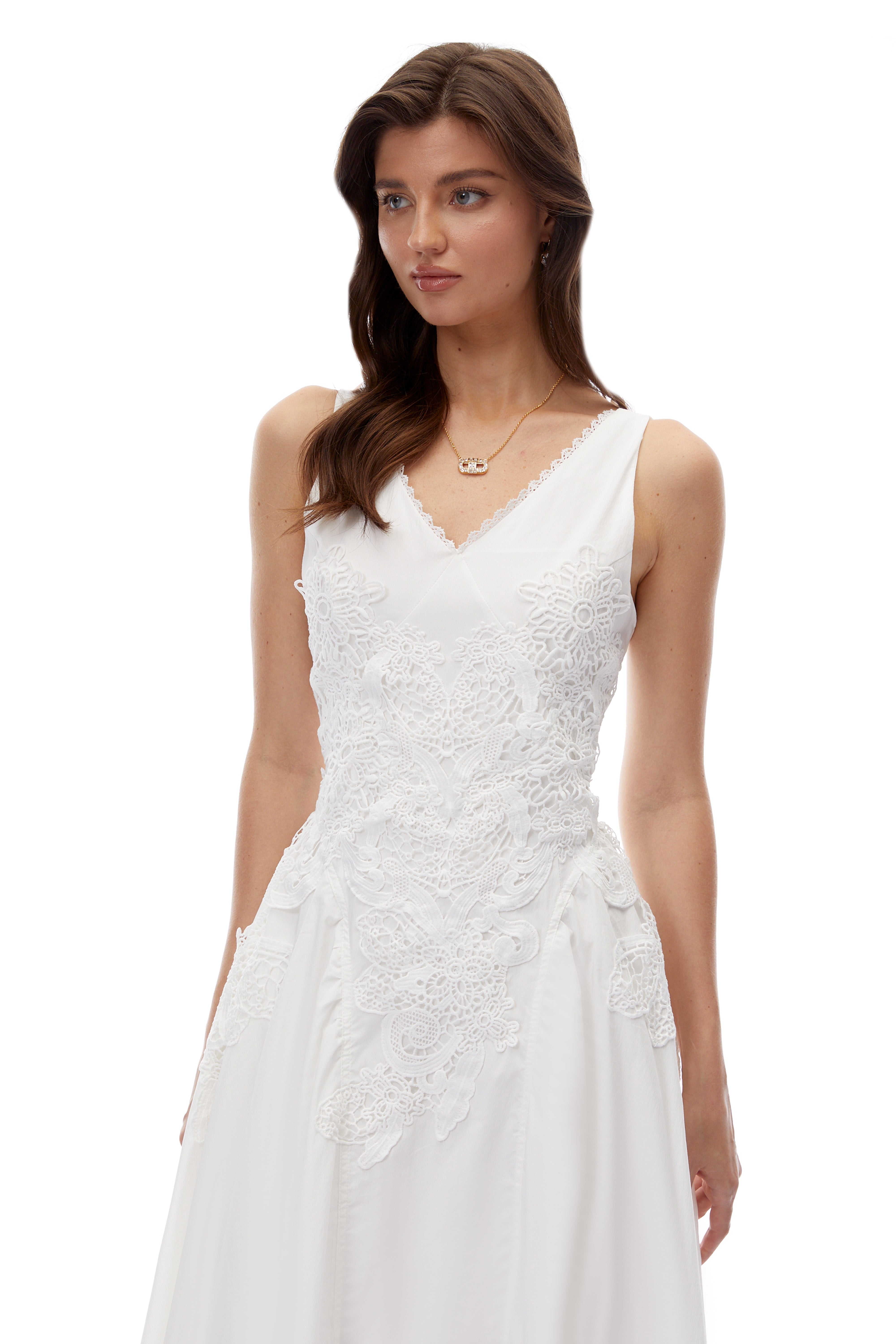 Gertrude White V-Neck Lace Midi Dress