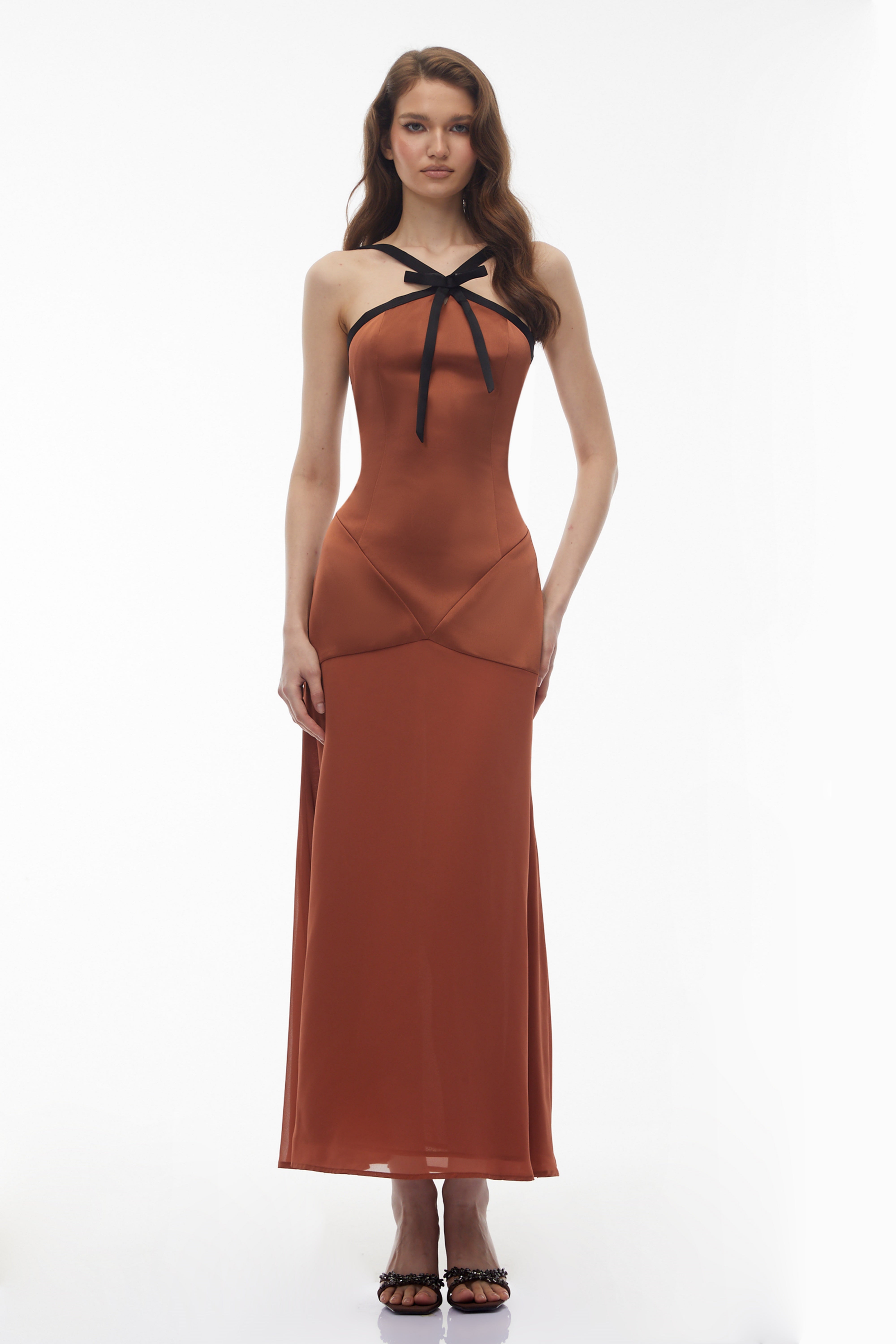 Ginevra Brown Halterneck Maxi Dress with Bow (Final Sale)