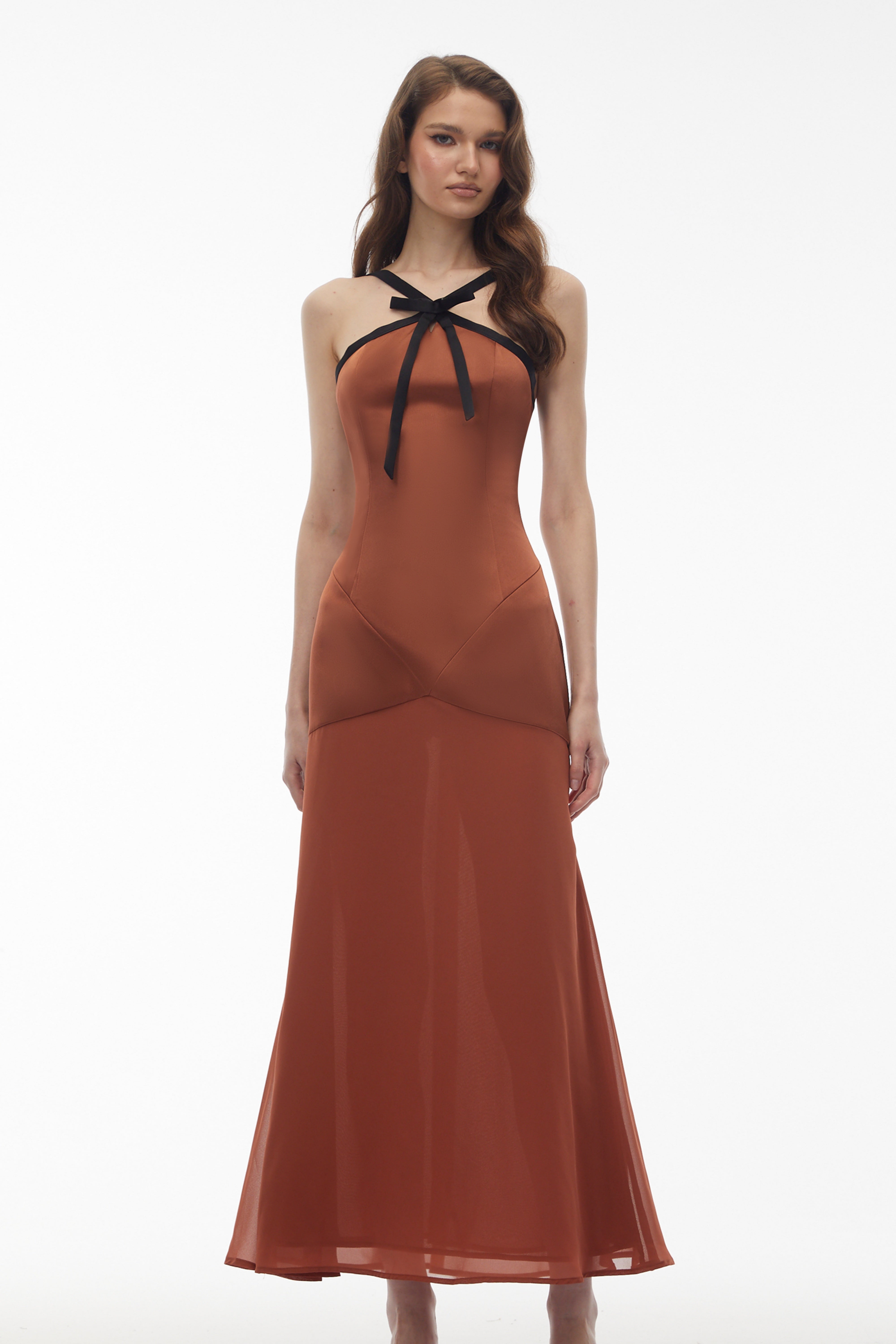 Ginevra Brown Halterneck Maxi Dress with Bow (Final Sale)