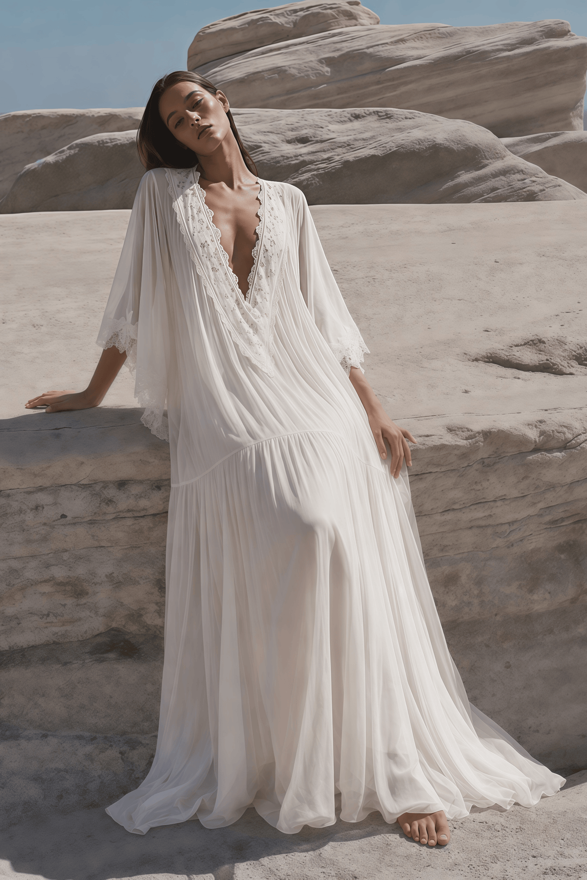 giovanna white v-neck maxi dress with lace trim