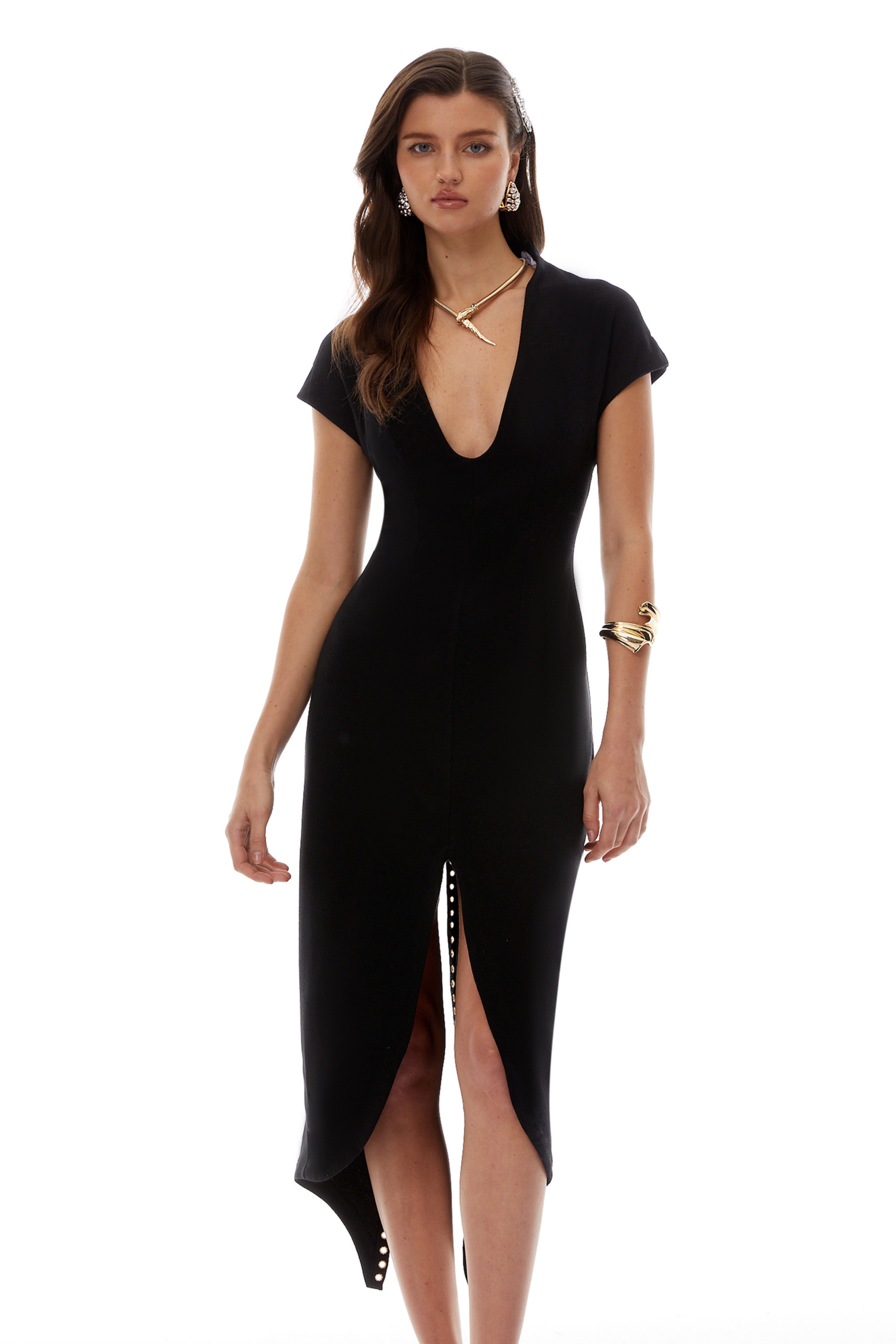 Gisela Black Deep V-Neck Self-Tie Midi Dress