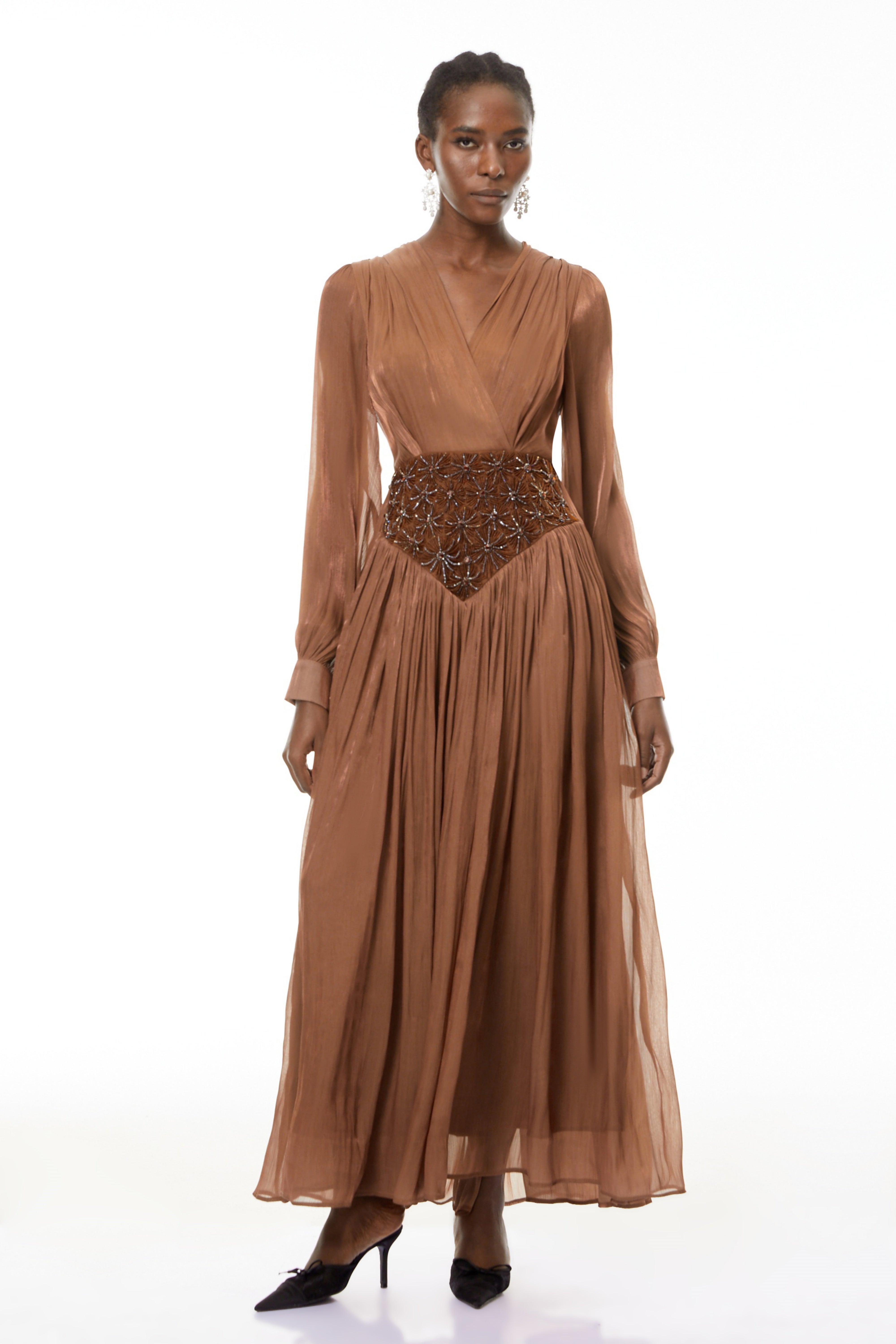 Gisela Brown Embroidered Ruched Maxi Dress