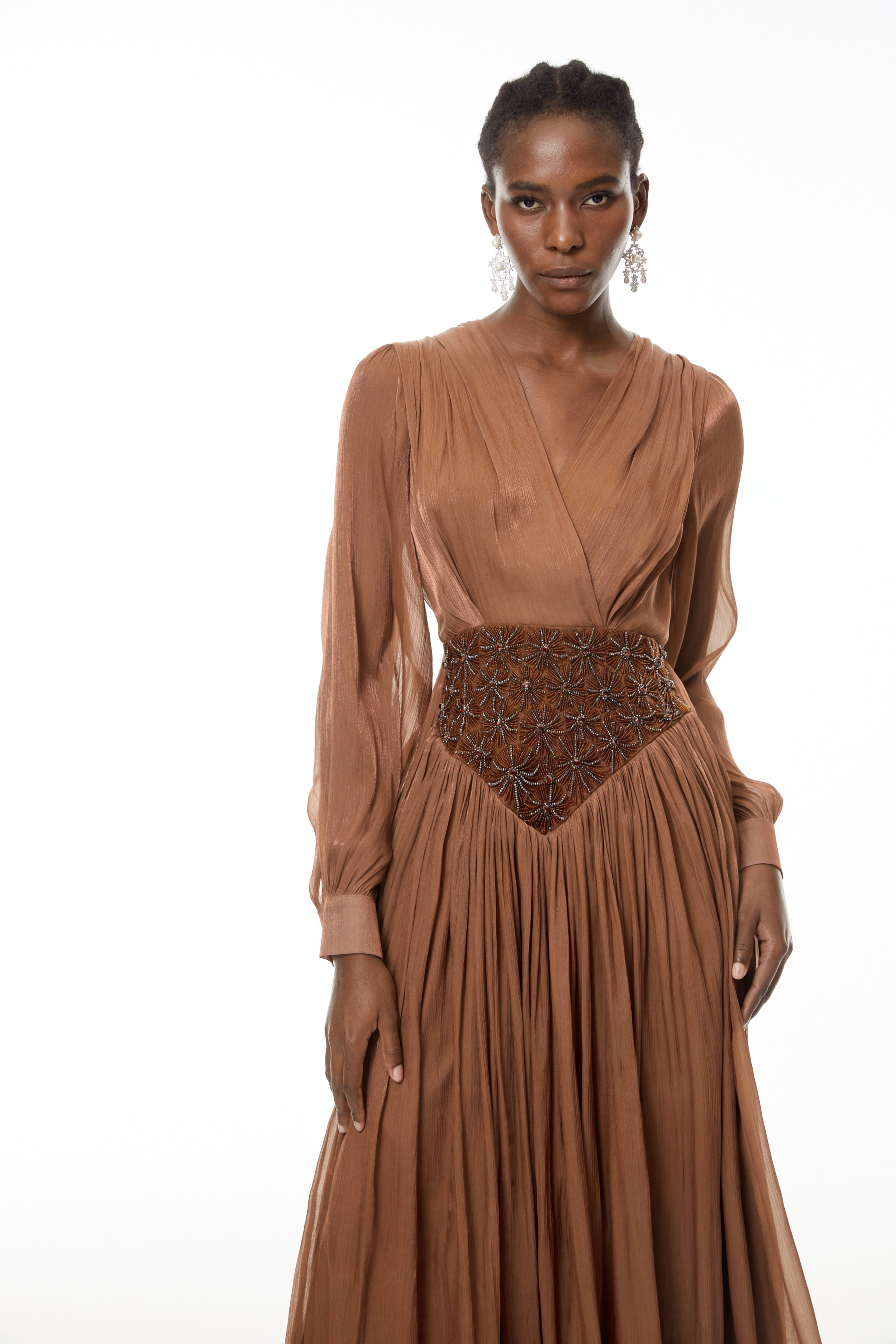 Gisela Brown Embroidered Ruched Maxi Dress (Final Sale-US Only)