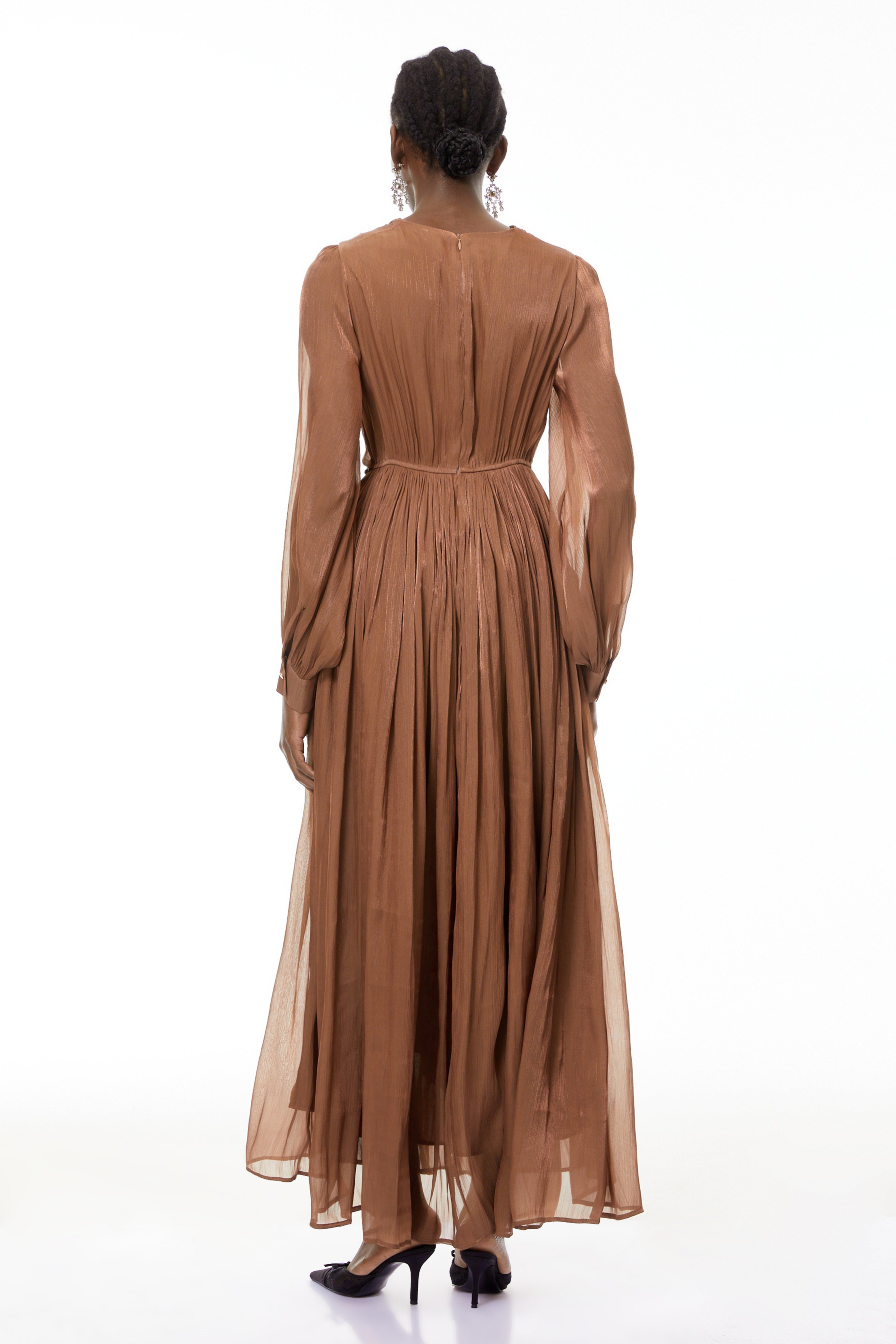 Gisela Brown Embroidered Ruched Maxi Dress (Final Sale-US Only)