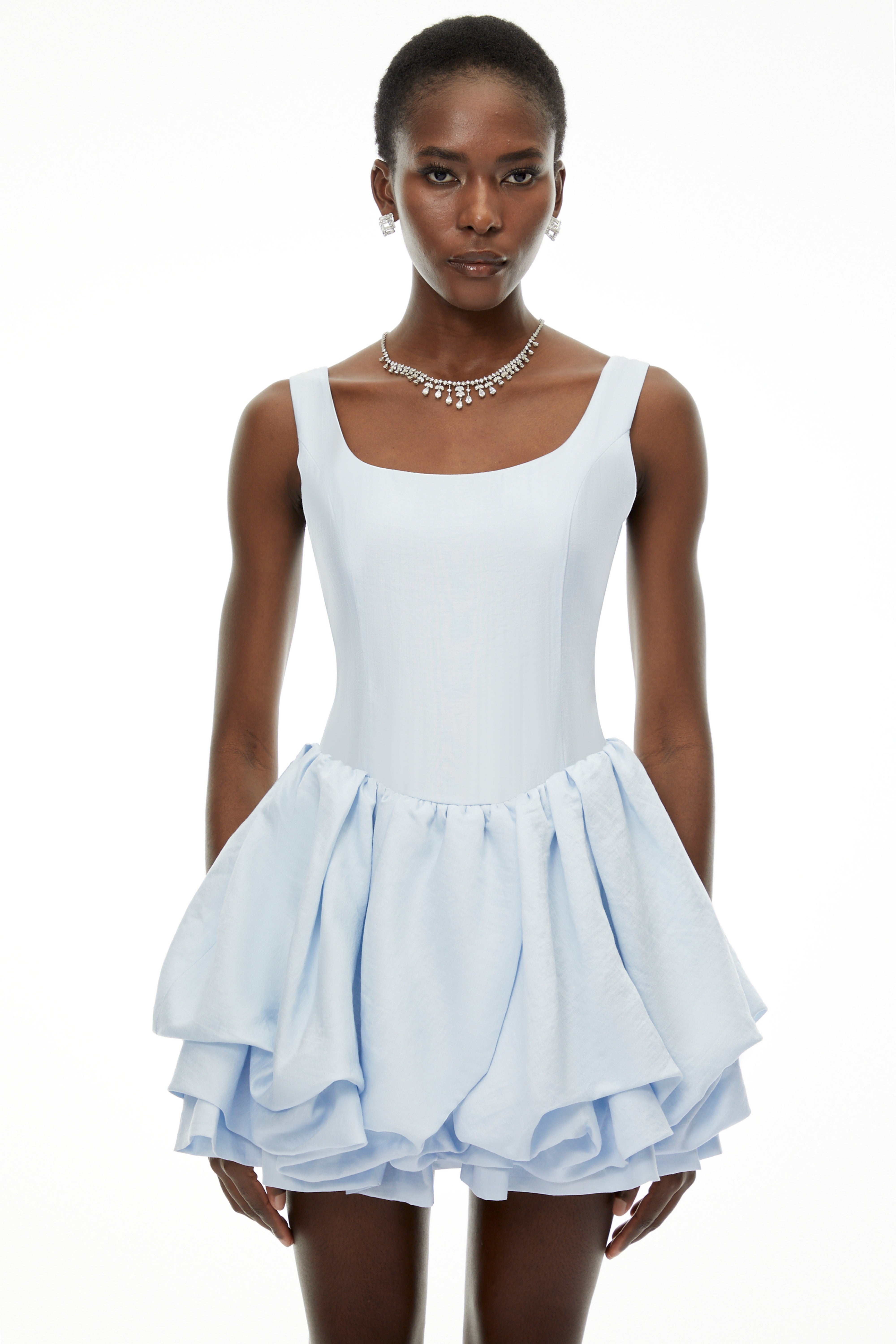 Giselle Dusty Blue Square Neck Tiered Mini Dress (Final Sale)