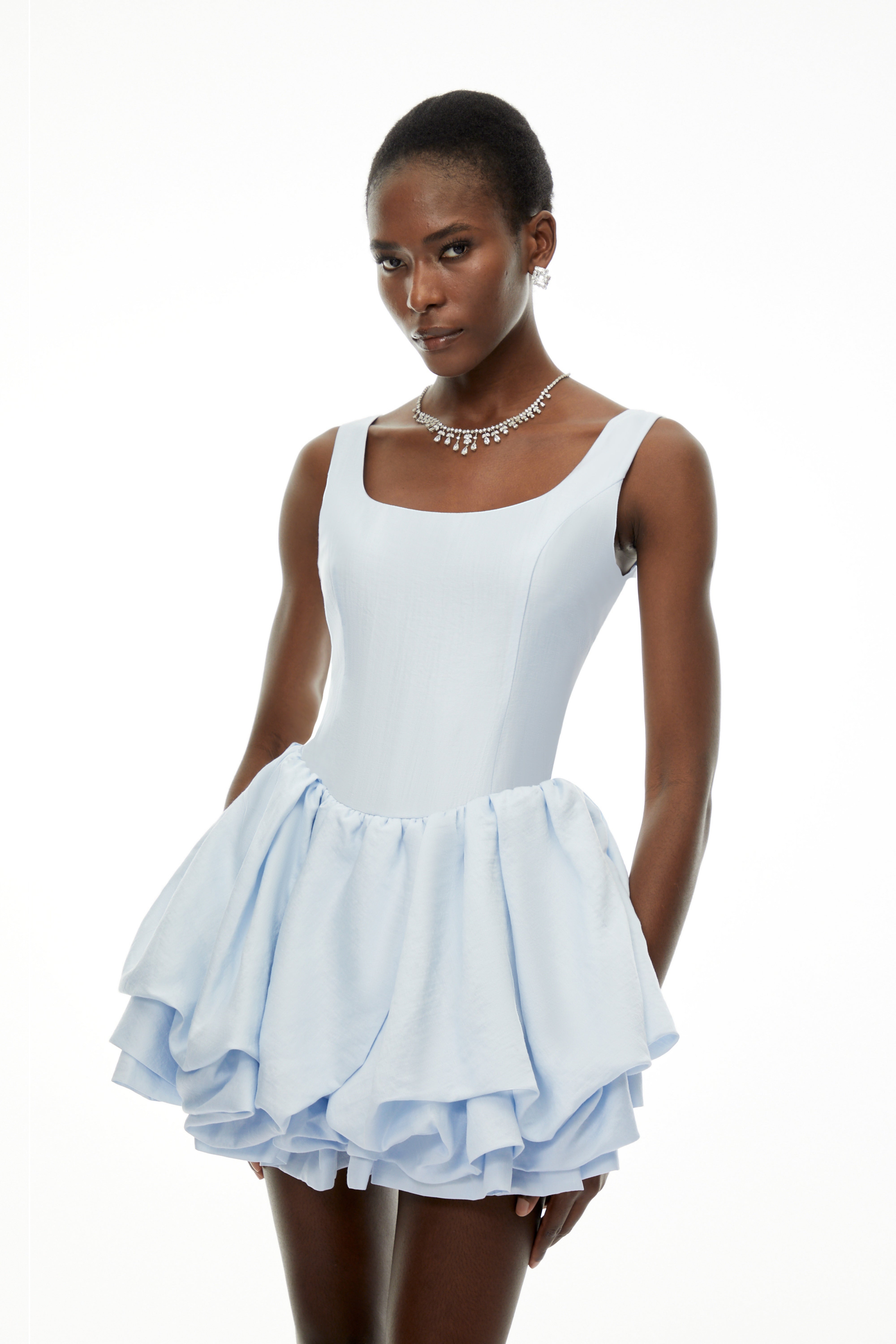 Giselle Dusty Blue Square Neck Tiered Mini Dress (Final Sale)