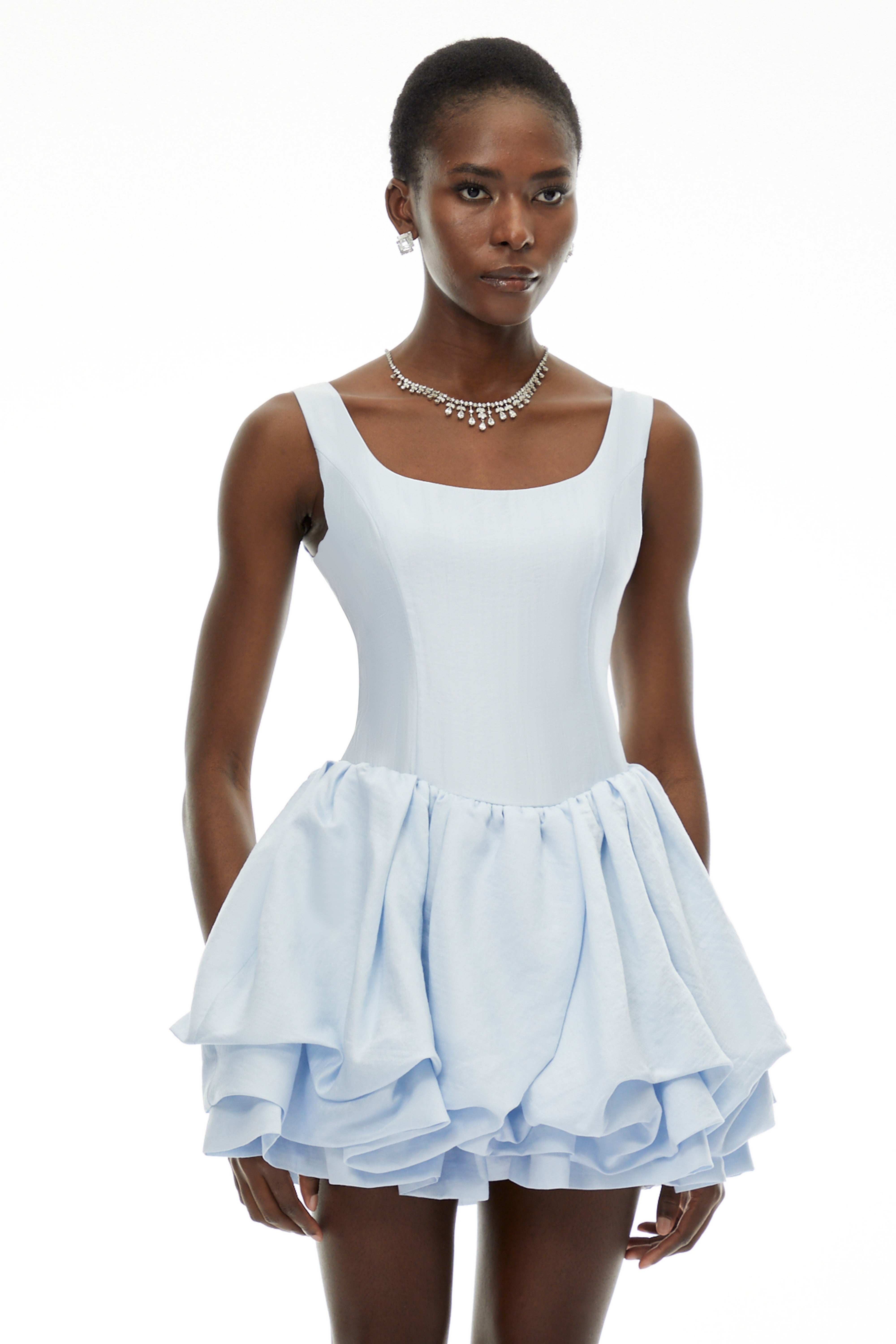 Giselle Dusty Blue Square Neck Tiered Mini Dress (Final Sale)