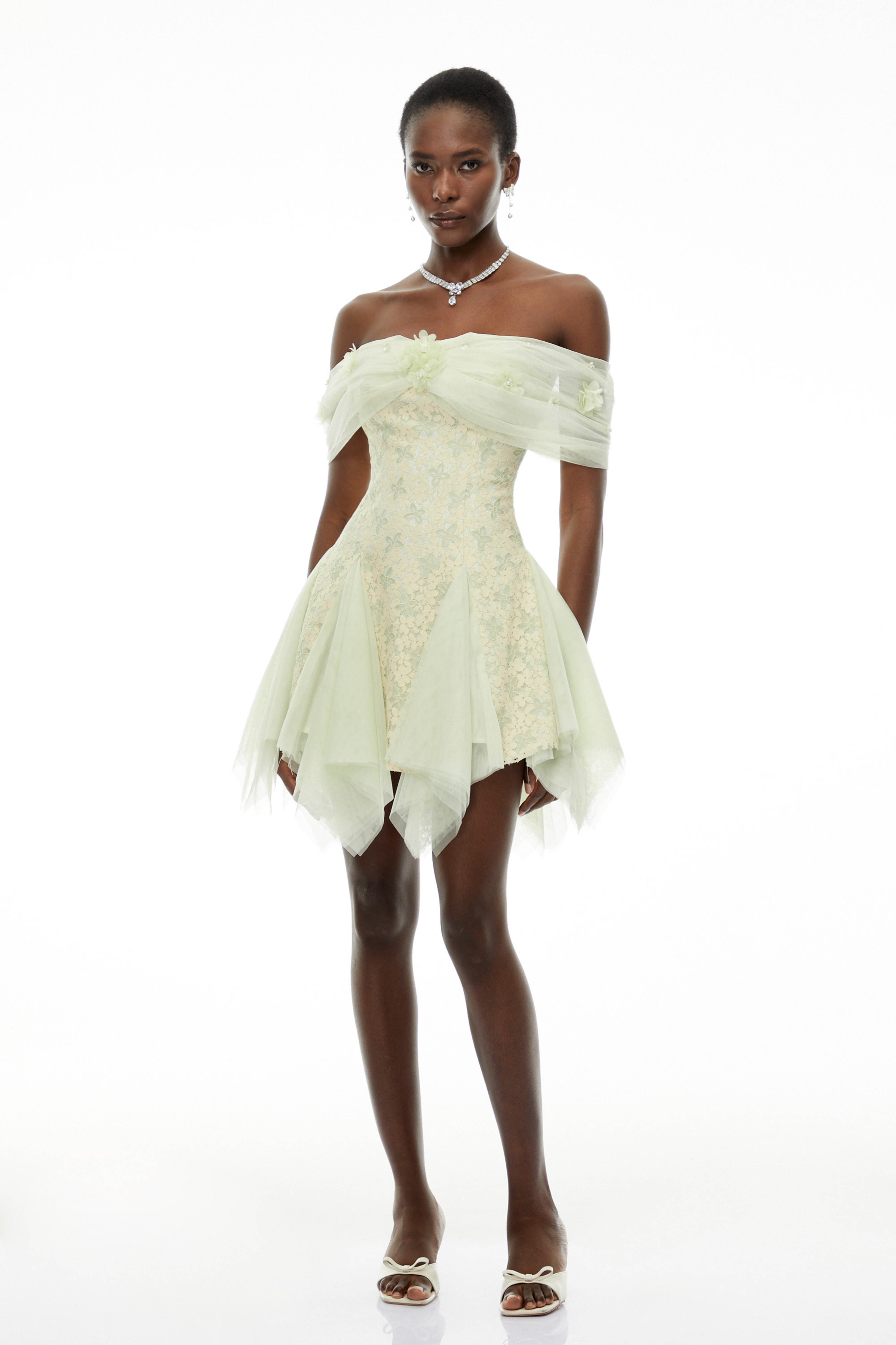 Giselle Green Off Shoulder Butterfly Print Mini Dress