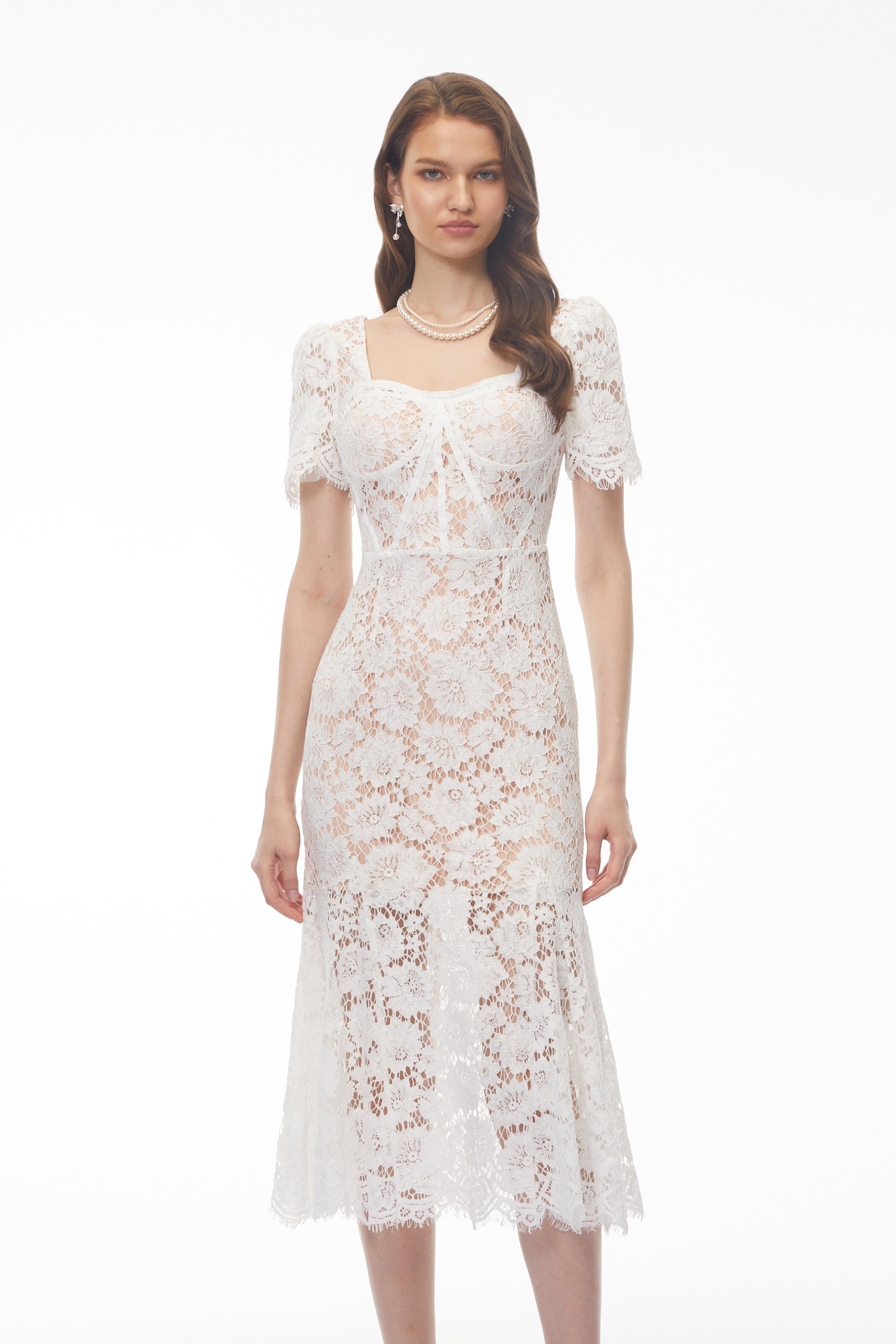 Giselle White Puff Sleeve Floral Lace Midi Dress