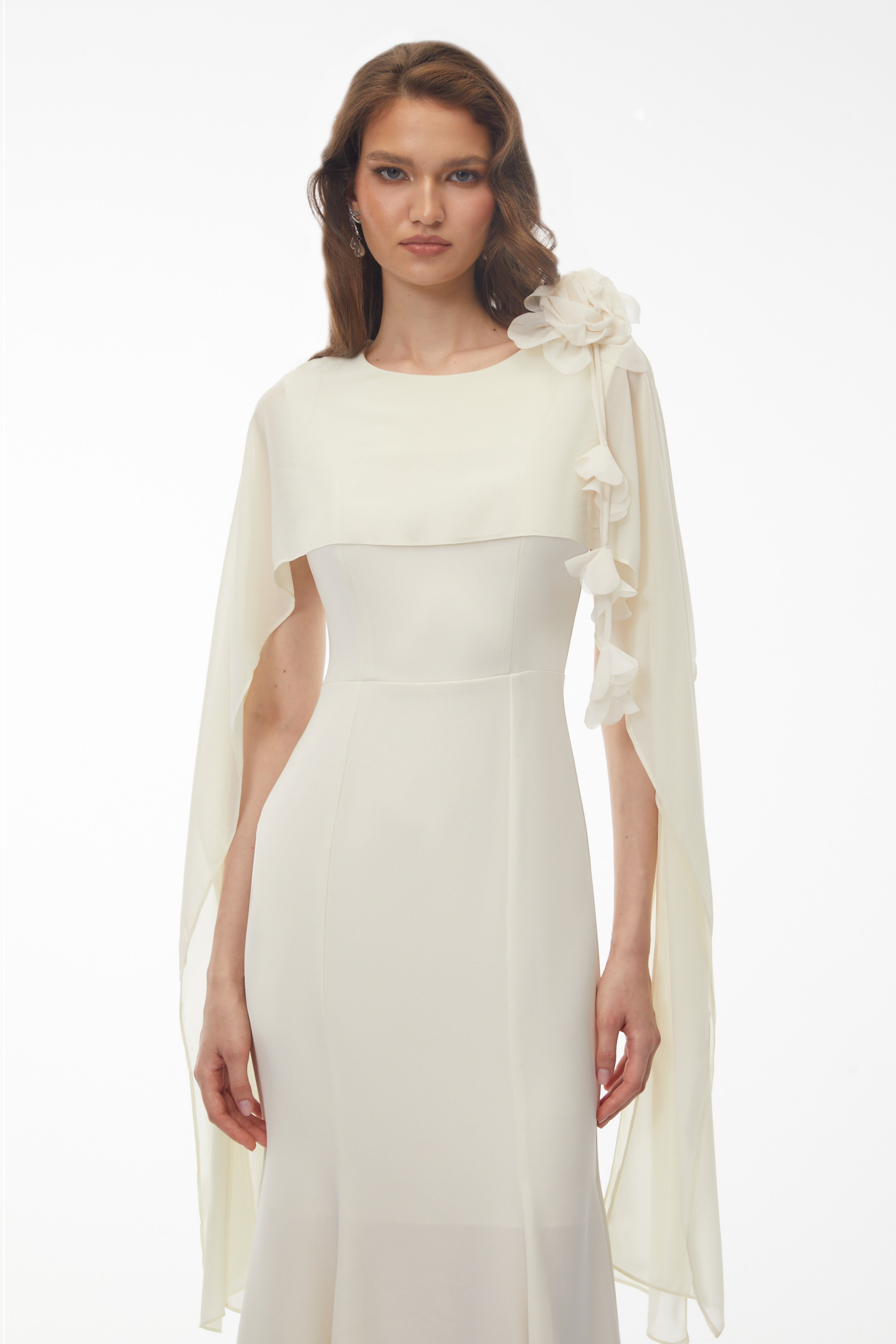 Giuliana White Midi Dress with Cape Sleeves and 3D Florals