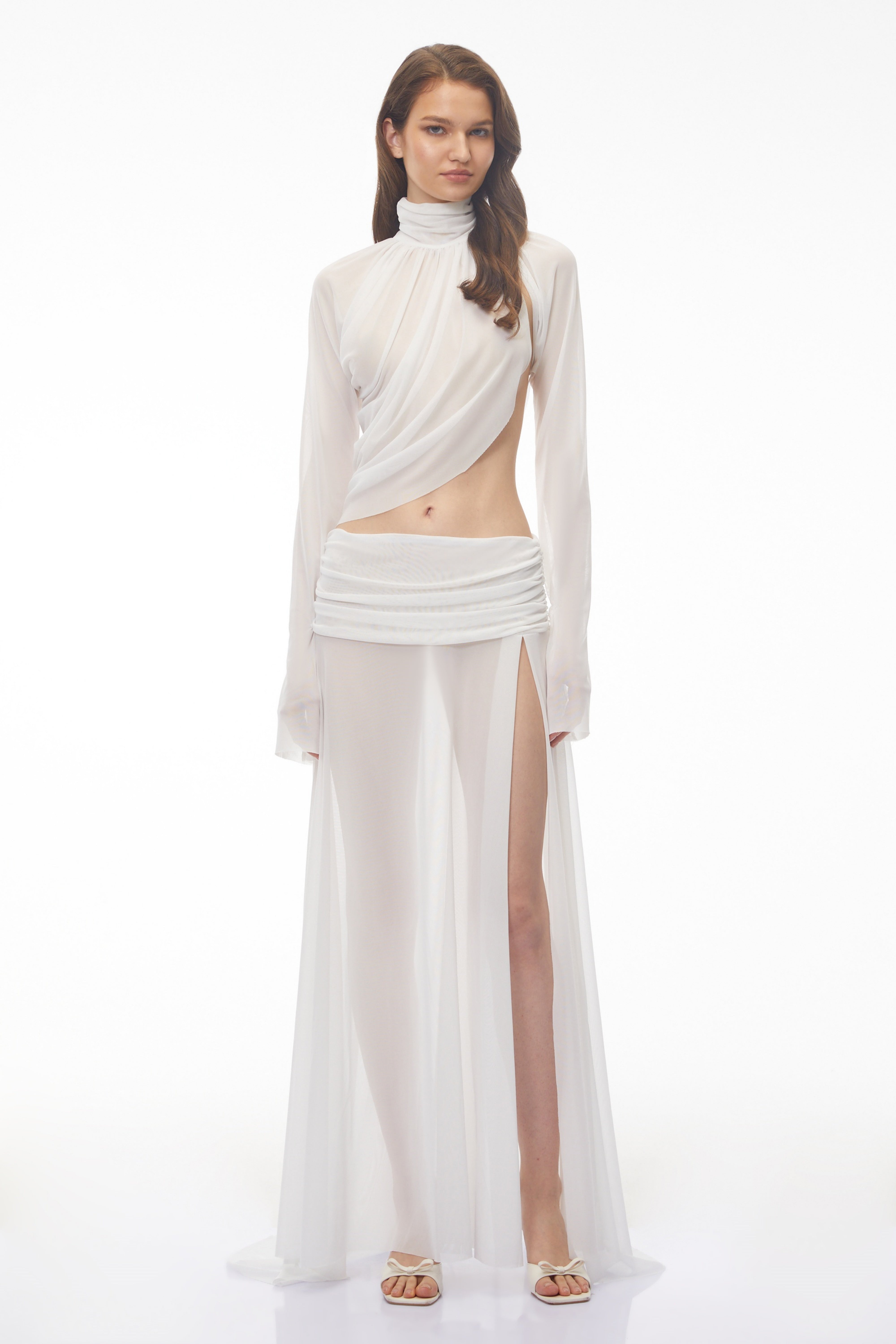 Giuseppina White High Neck Cut-Out Top & Skirt Set