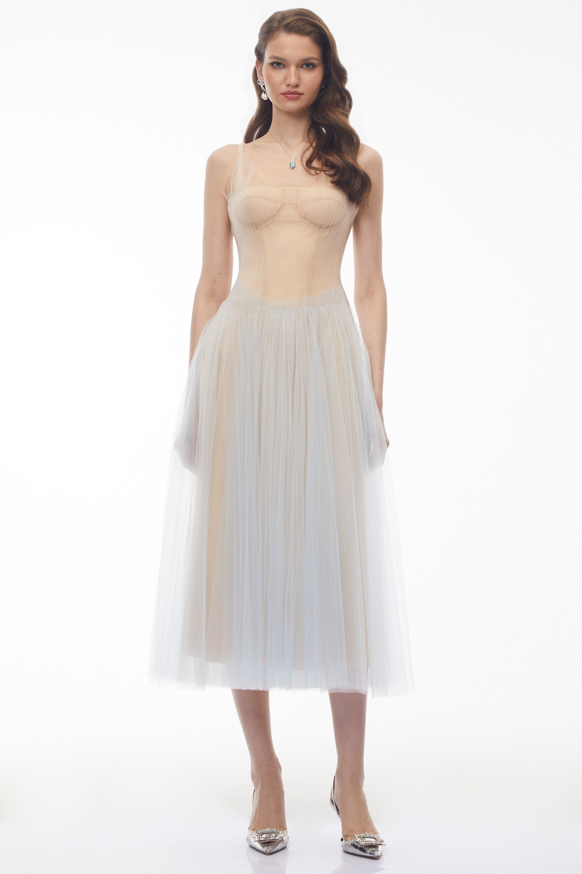 Graciana Dusty Blue Pleated Mesh Midi Dress