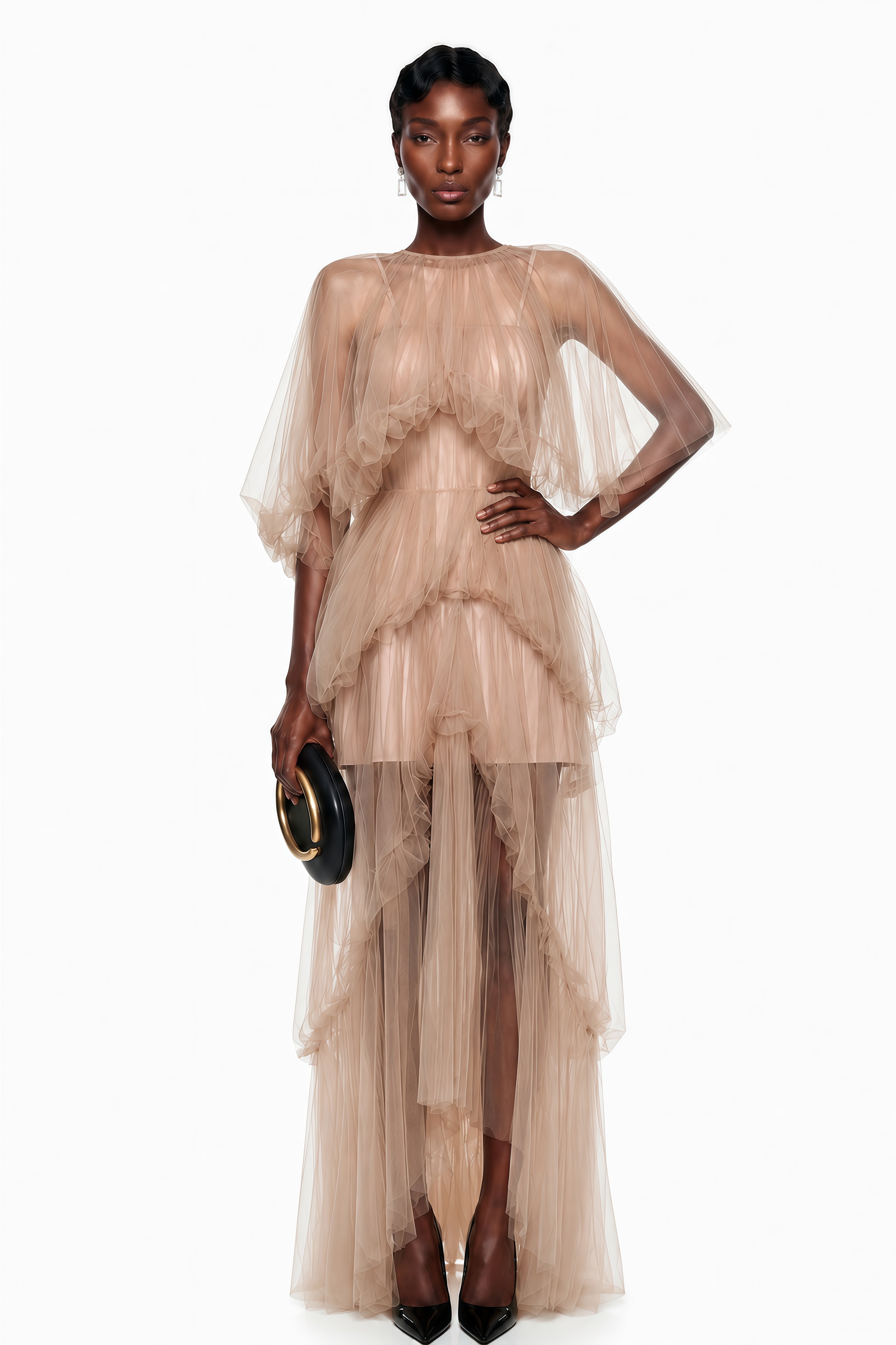 Graciana Nude Asymmetrical Pleated Maxi Dress