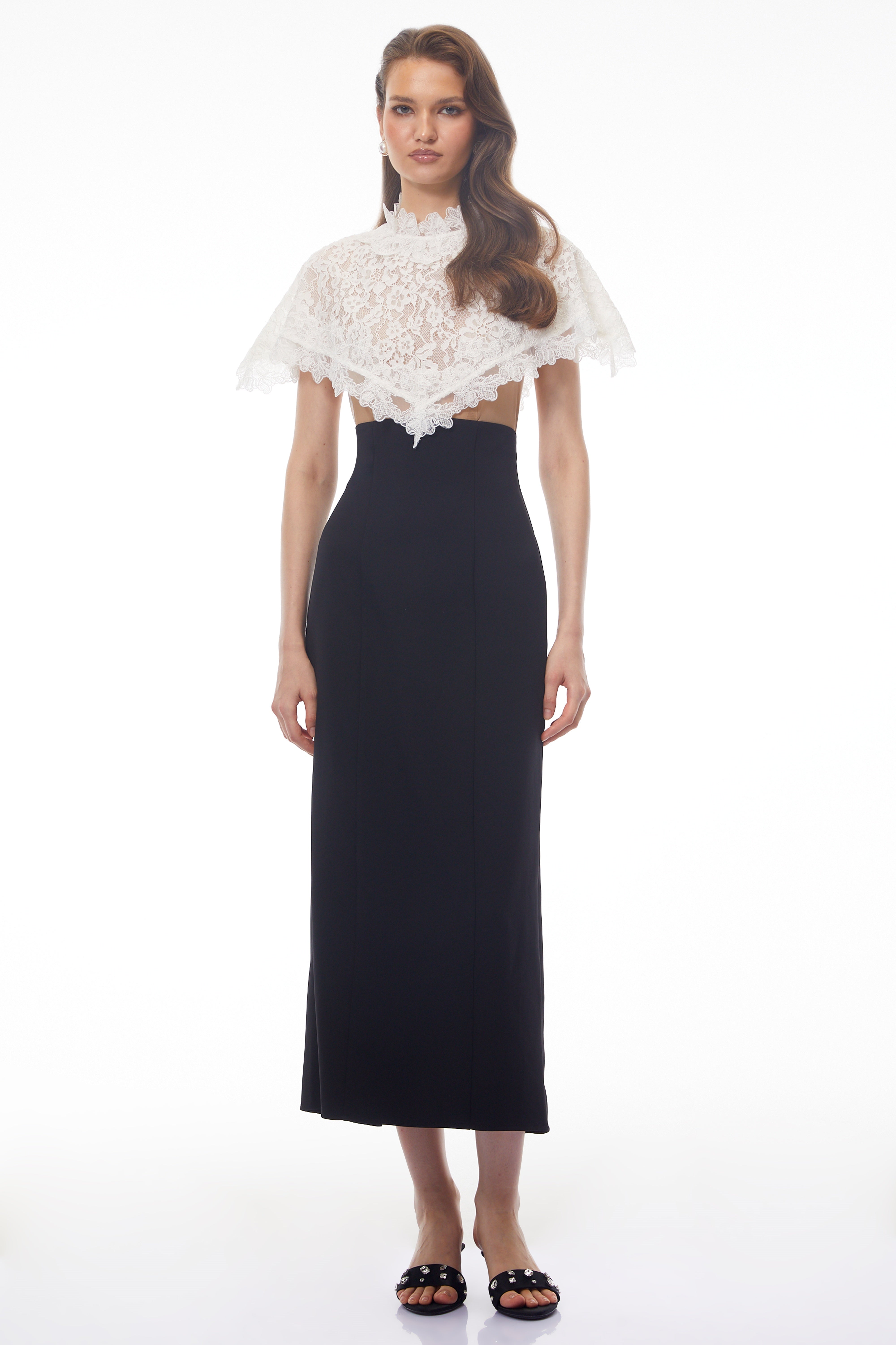 Greta Black Round Neck Lace Cape Maxi Dress