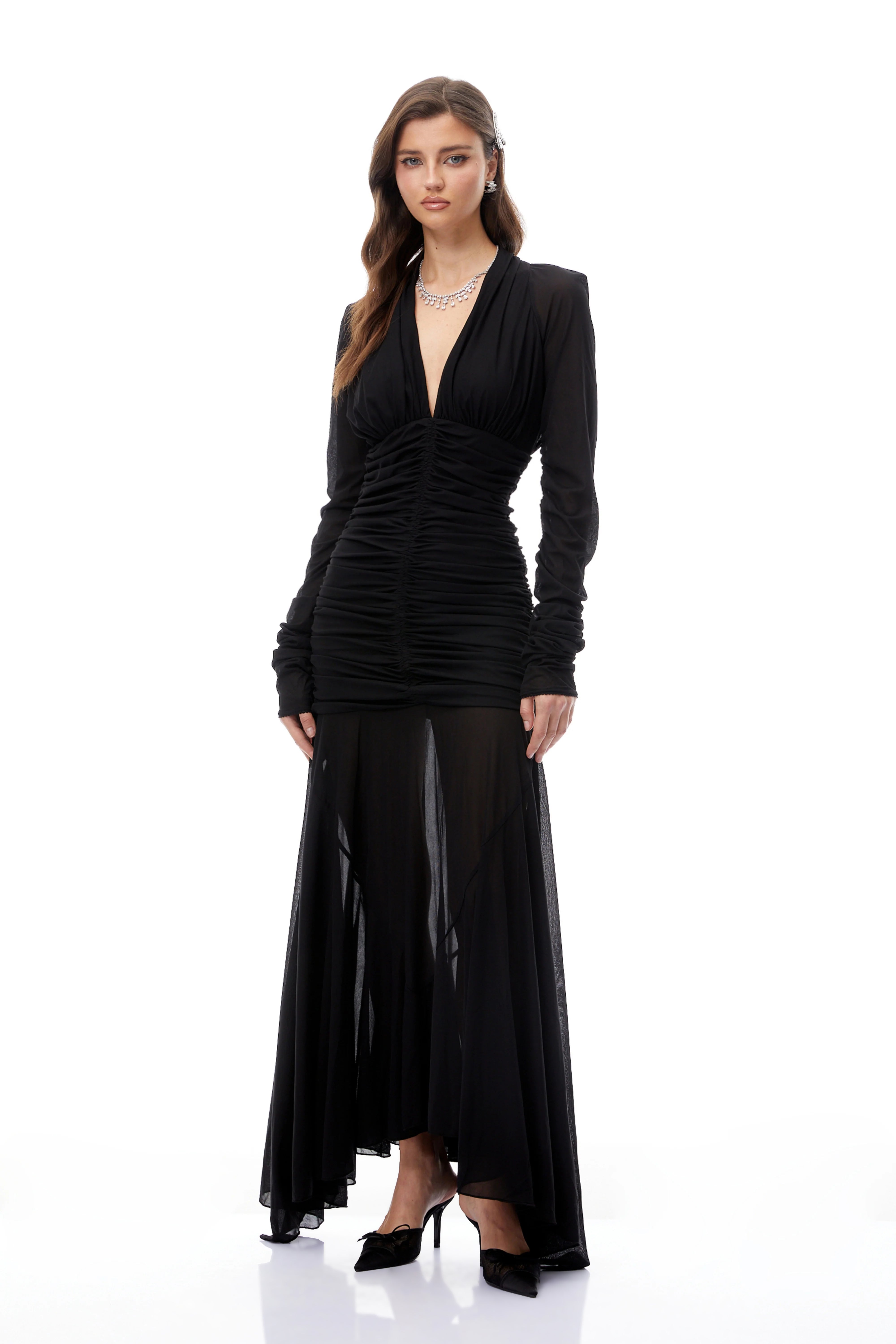 Greta Black Ruched Sheer Mesh Maxi Dress (Final Sale)