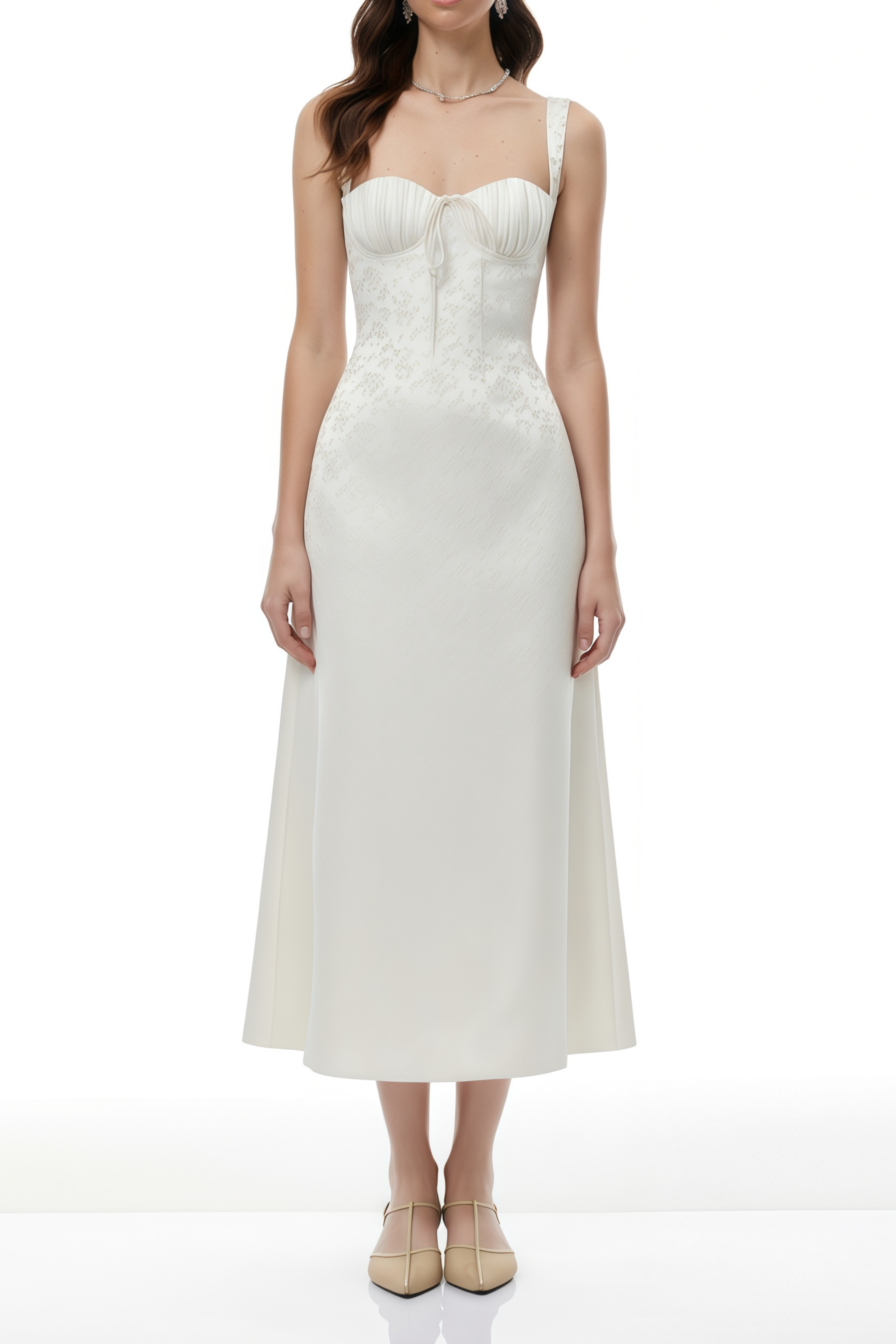 Greta Ivory Sweetheart Embroidered Midi Dress