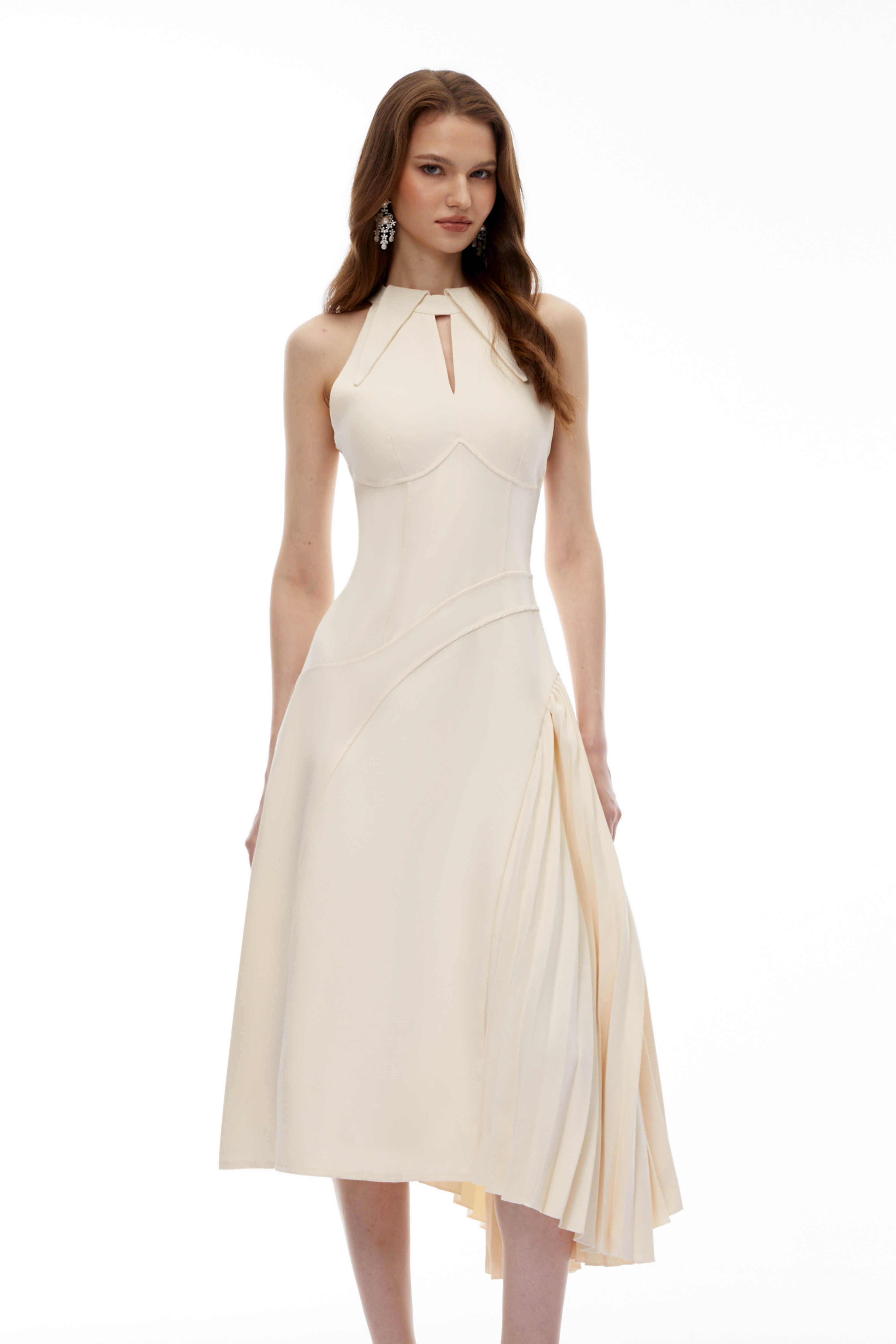 Griselda Neutral Halterneck Ruched Midi Dress (Final Sale-US Only)
