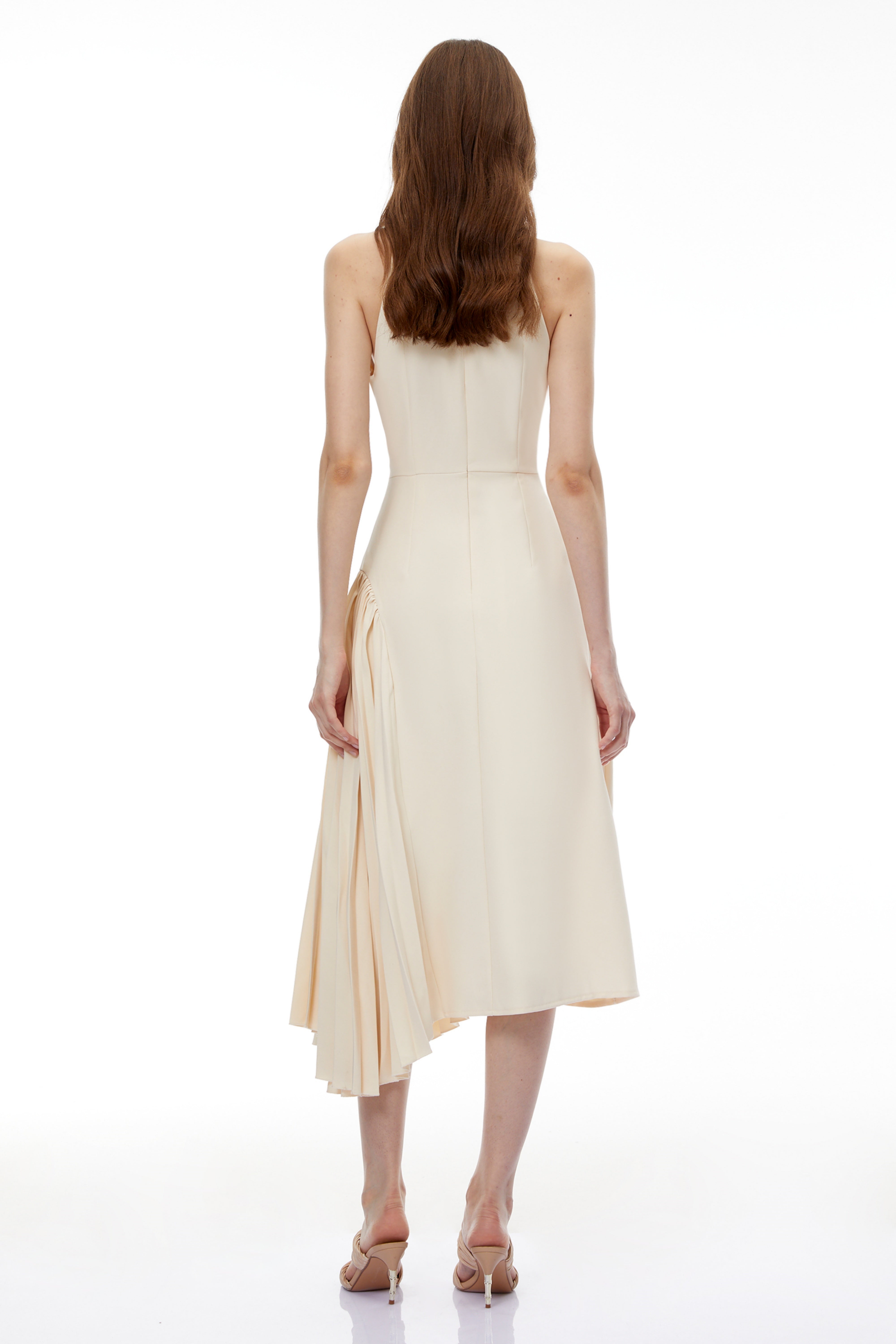 Griselda Neutral Halterneck Ruched Midi Dress (Final Sale-US Only)