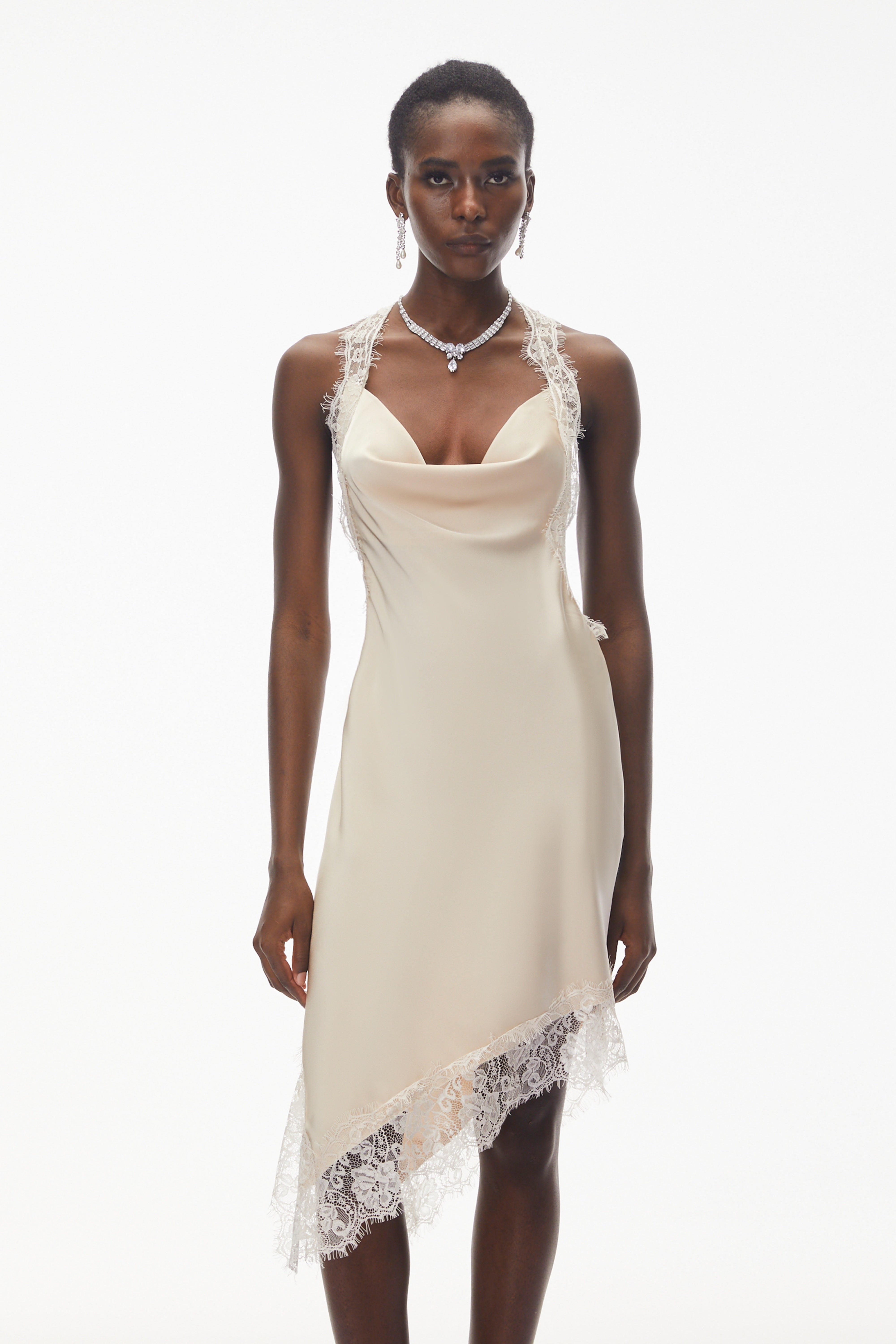 Gudrun Neutral Halterneck Satin Mini Dress