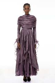 Gustave Purple Ruched Cape Ruffled Maxi Dress (Final Sale)