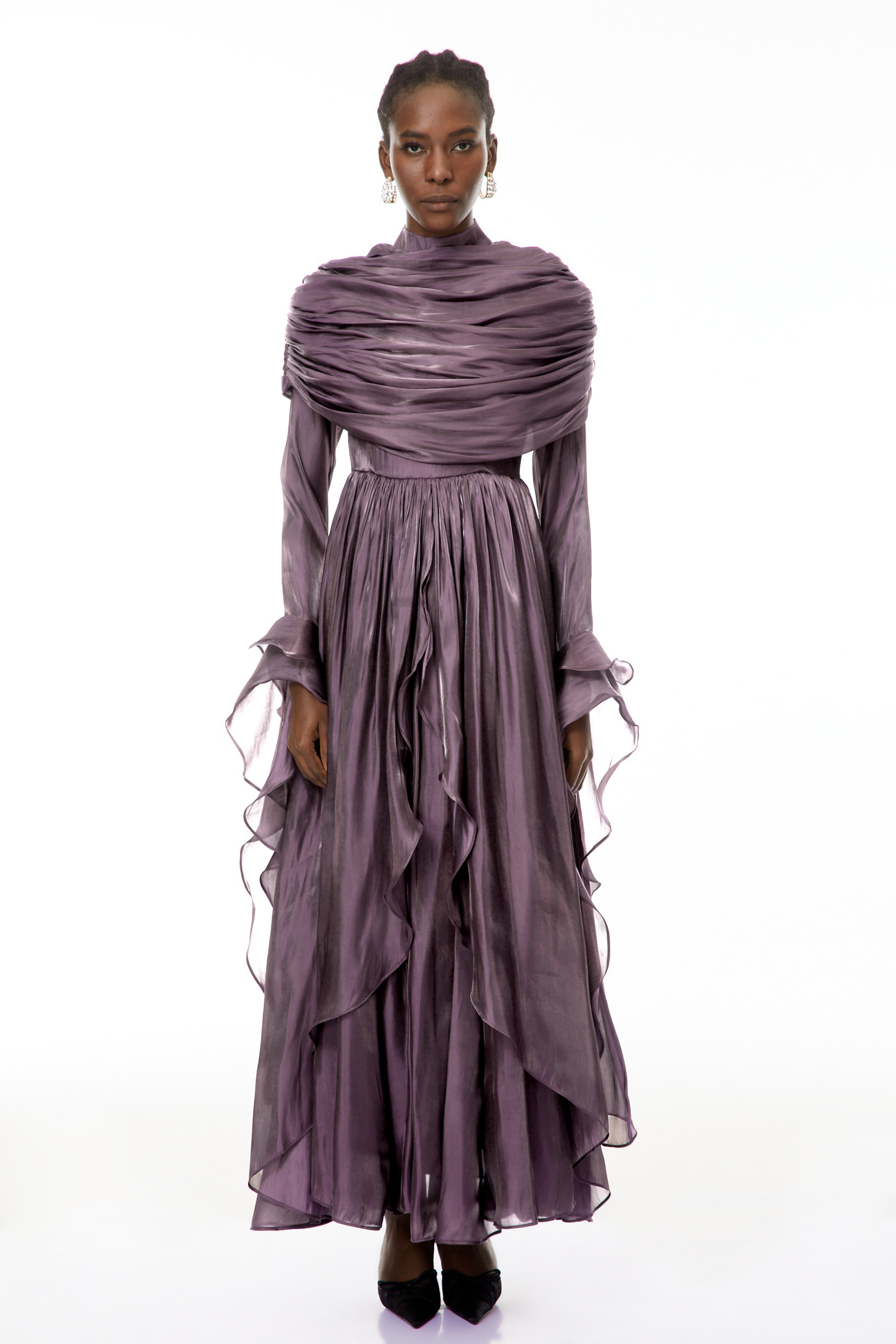 Gustave Purple Ruched Cape Ruffled Maxi Dress (Final Sale)