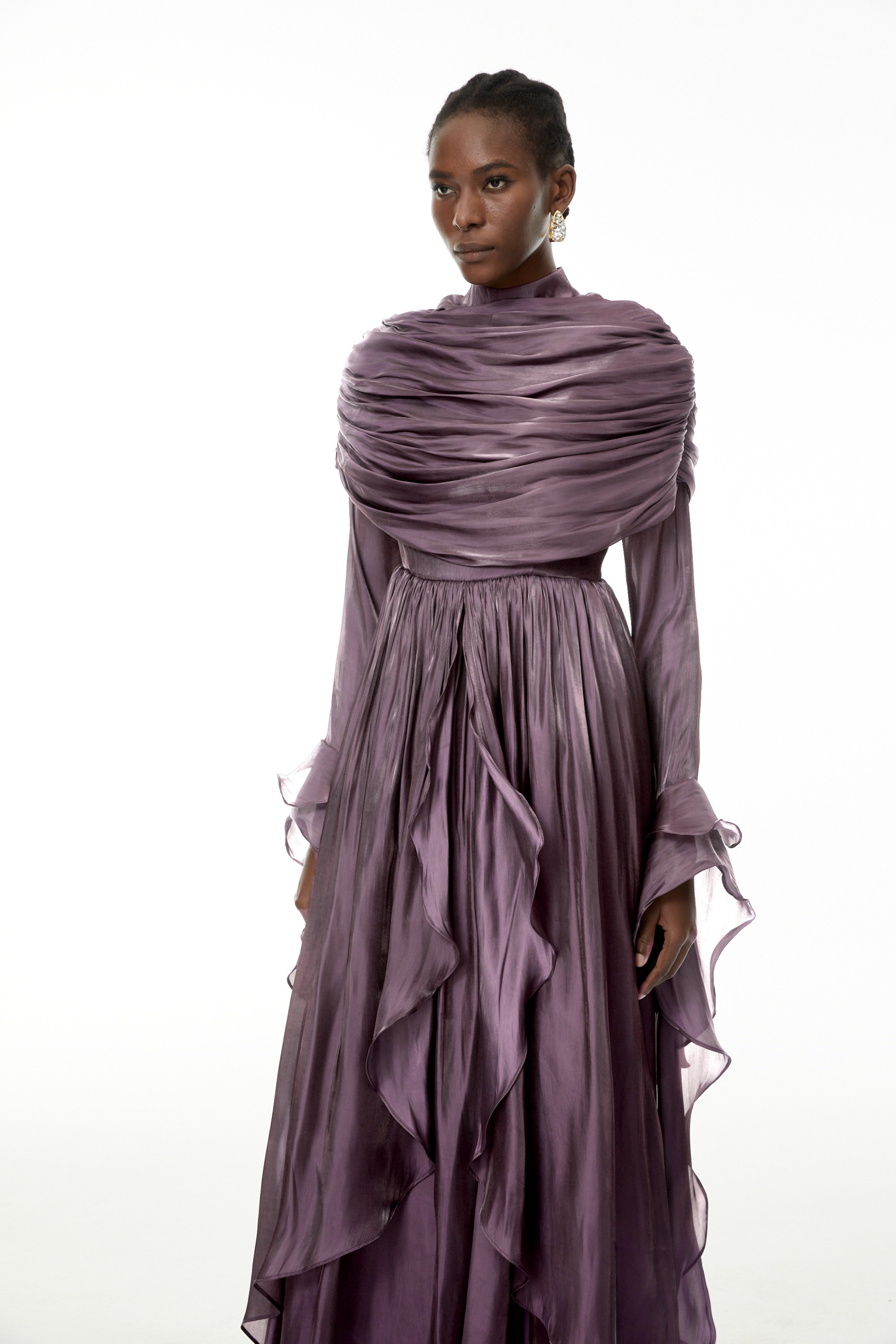 Gustave Purple Ruched Cape Ruffled Maxi Dress (Final Sale)