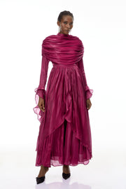 Gustave Burgundy Ruched Cape Ruffled Maxi Dress