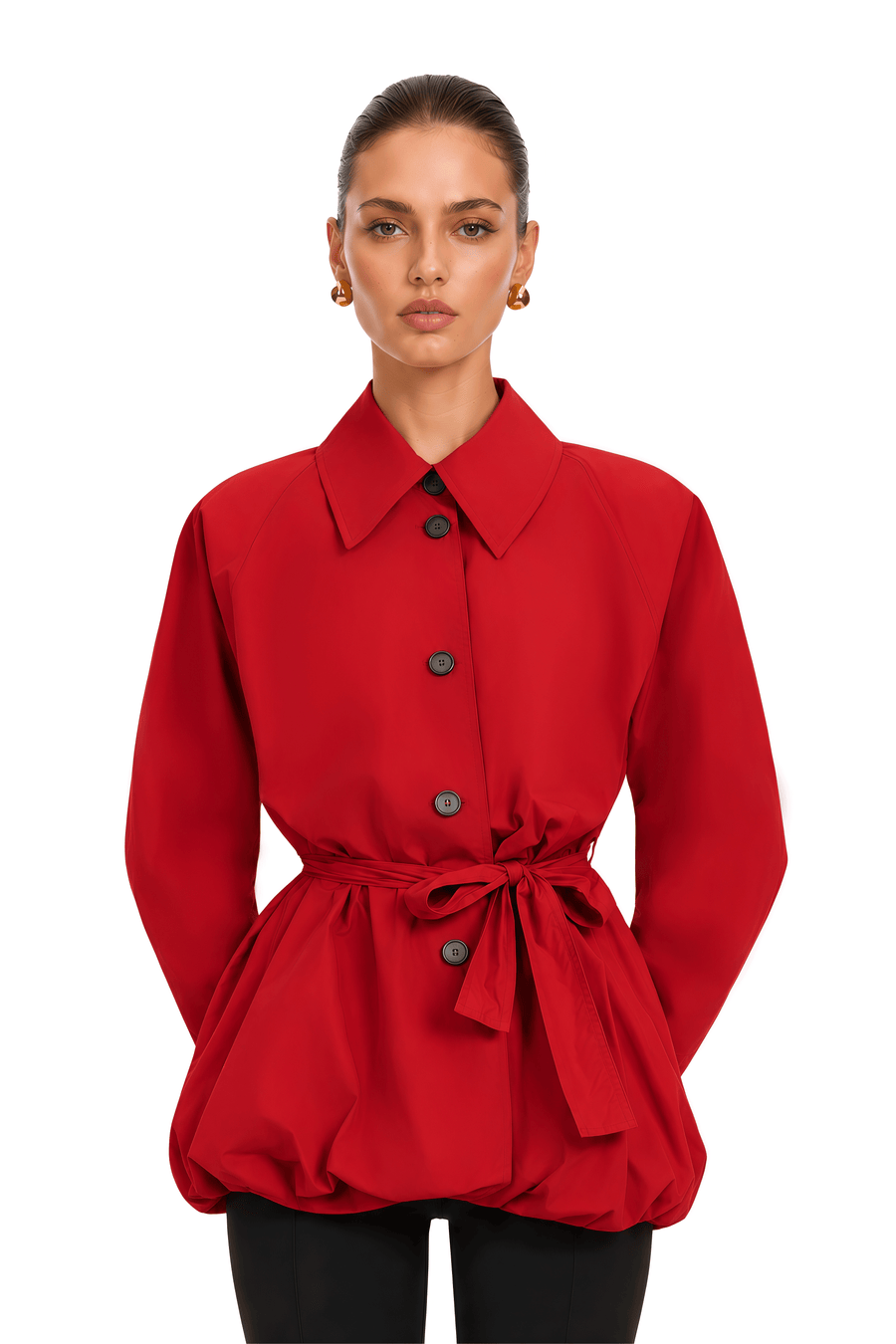 gwennan red puff sleeve belted bubble jacket