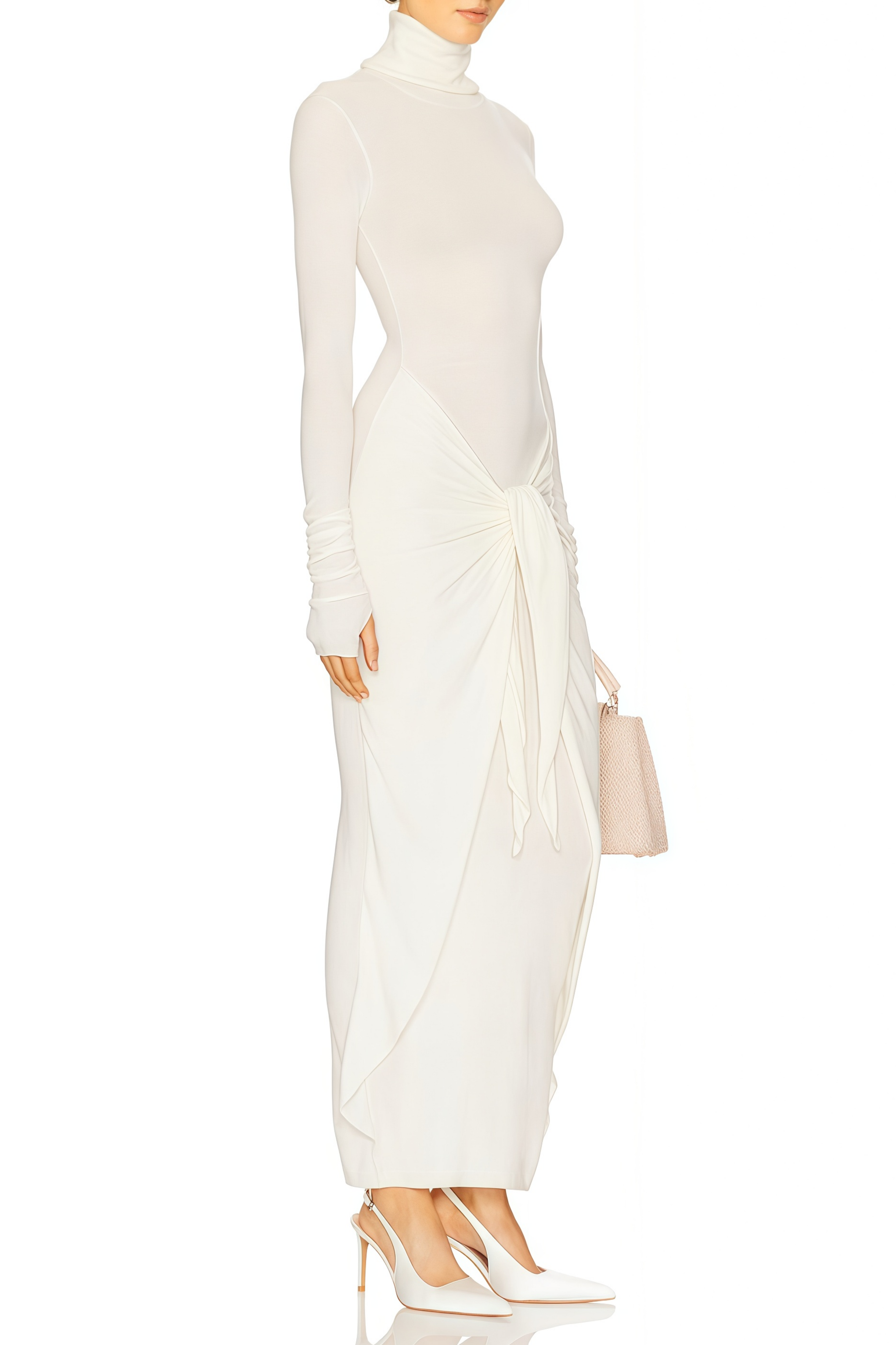 Impériale White Ruched Turtleneck Maxi Dress